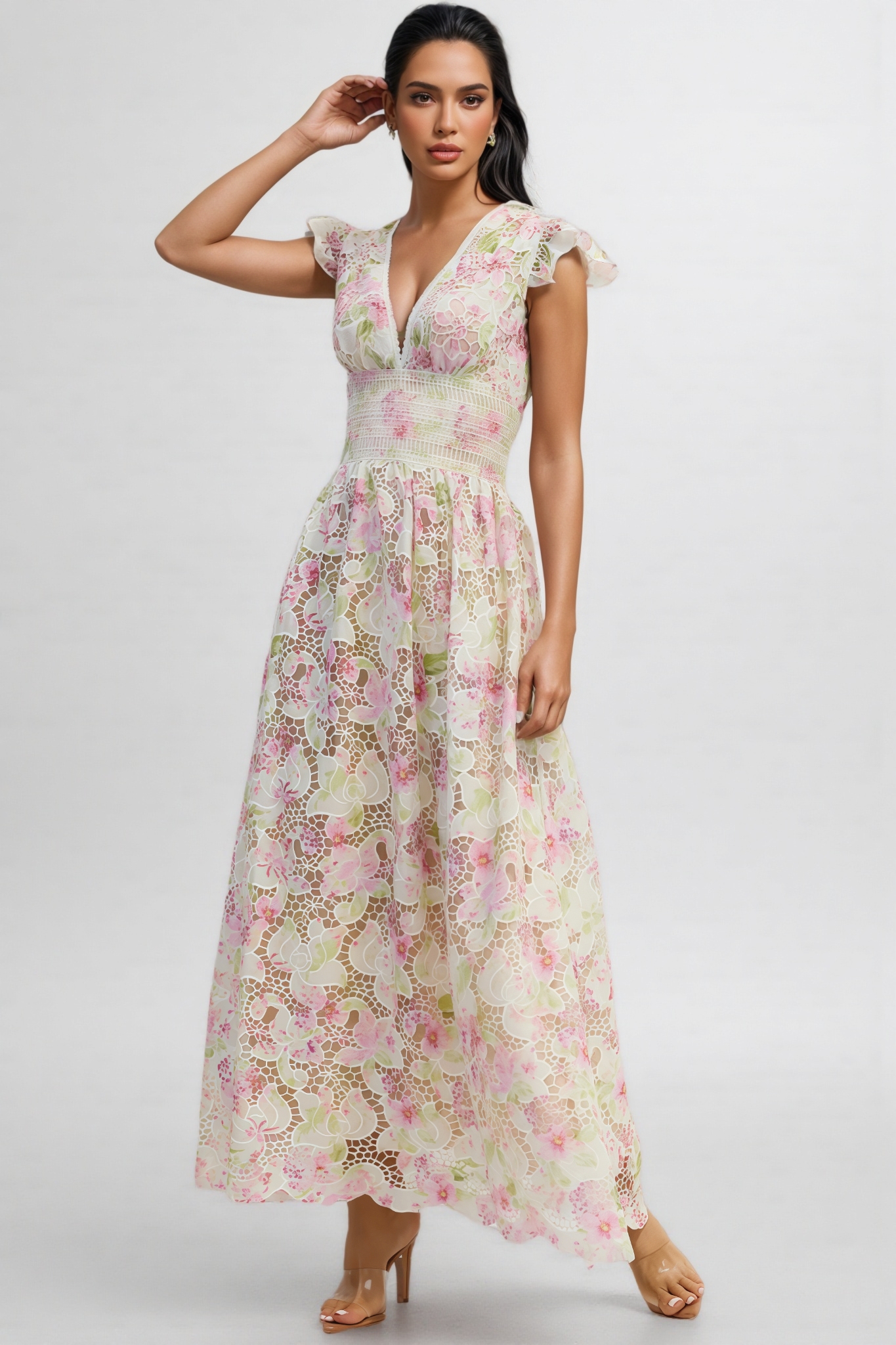 Jorjal V-Neck Embroidered Hollow-Out Maxi Dress