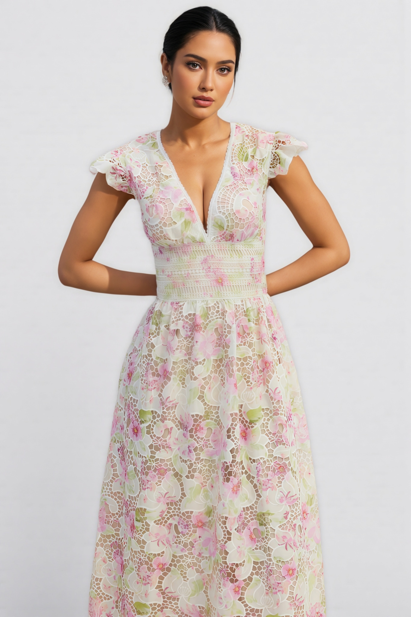 Jorjal V-Neck Embroidered Hollow-Out Maxi Dress