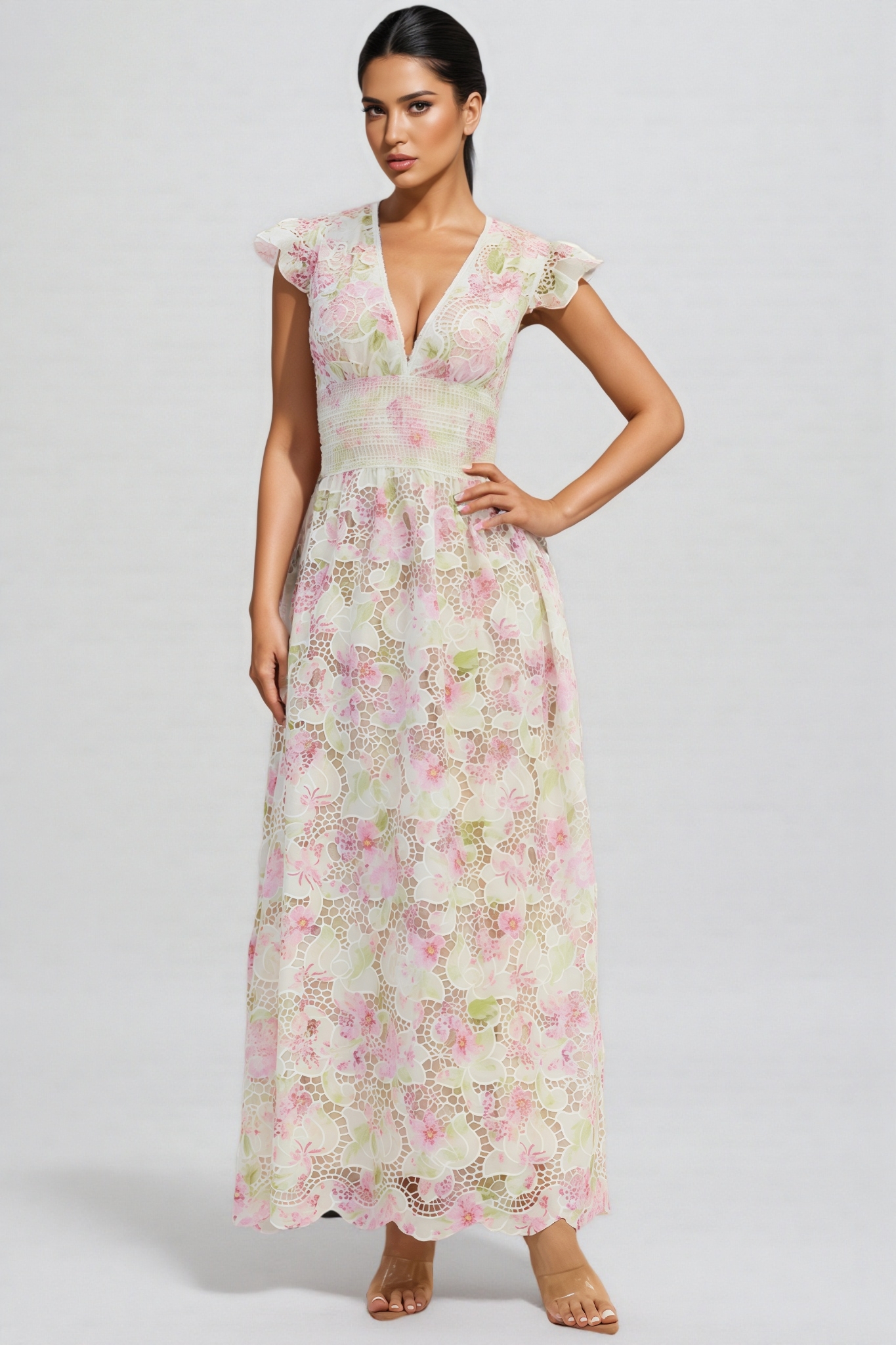 Jorjal V-Neck Embroidered Hollow-Out Maxi Dress