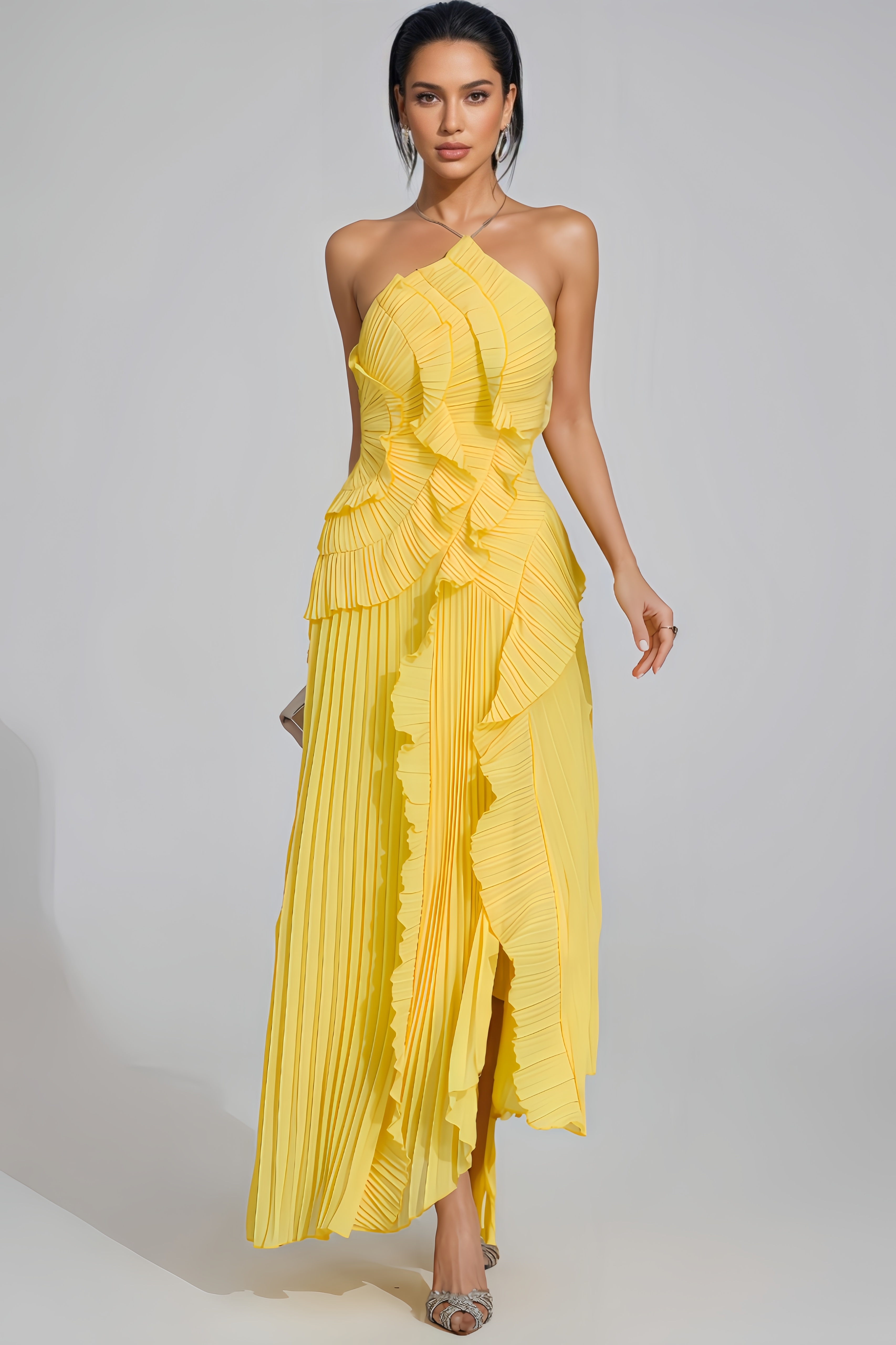 Xiacly Yellow Asymmetric Pleated Halter Maxi Dress