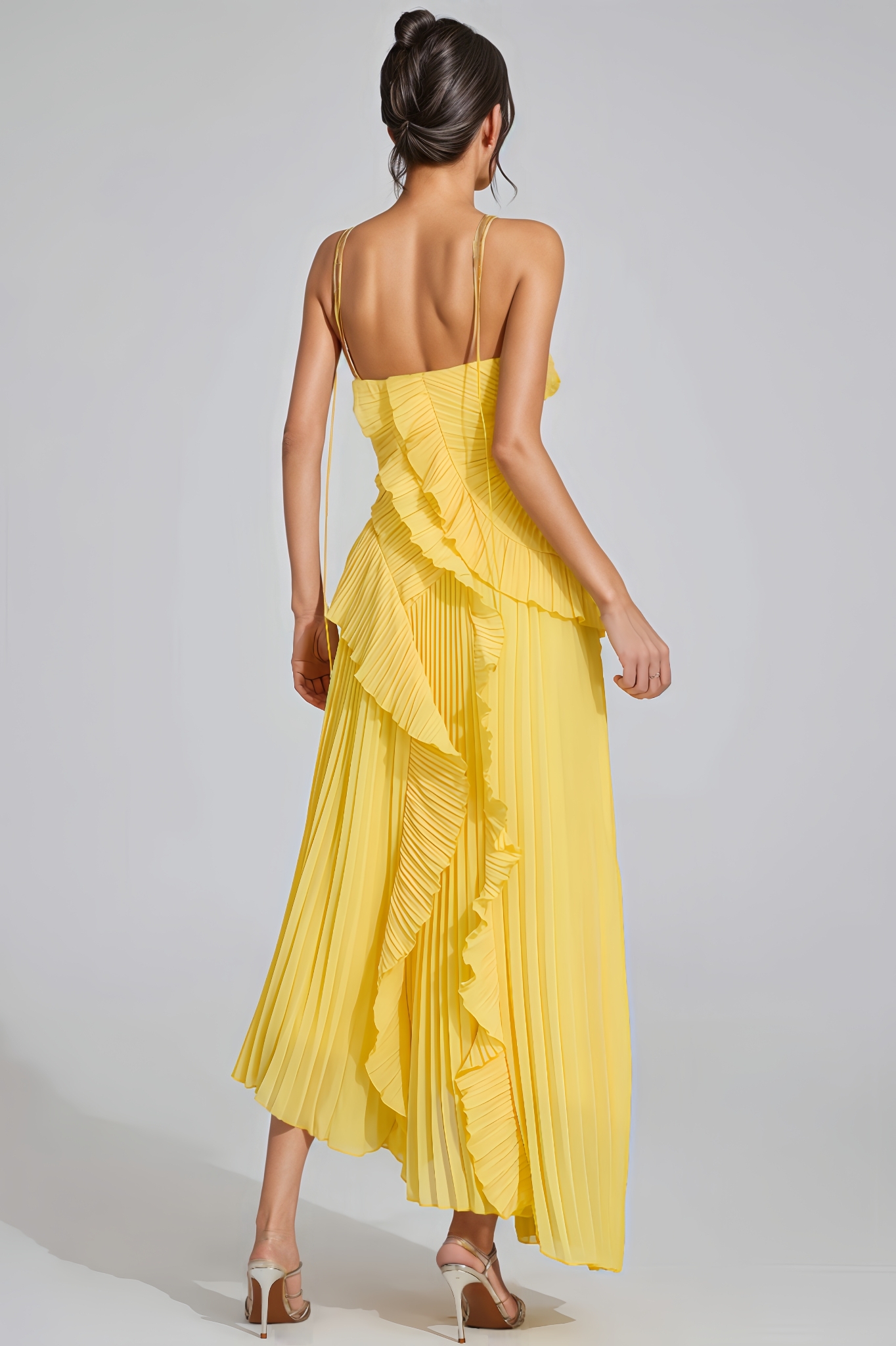 Xiacly Yellow Asymmetric Pleated Halter Maxi Dress