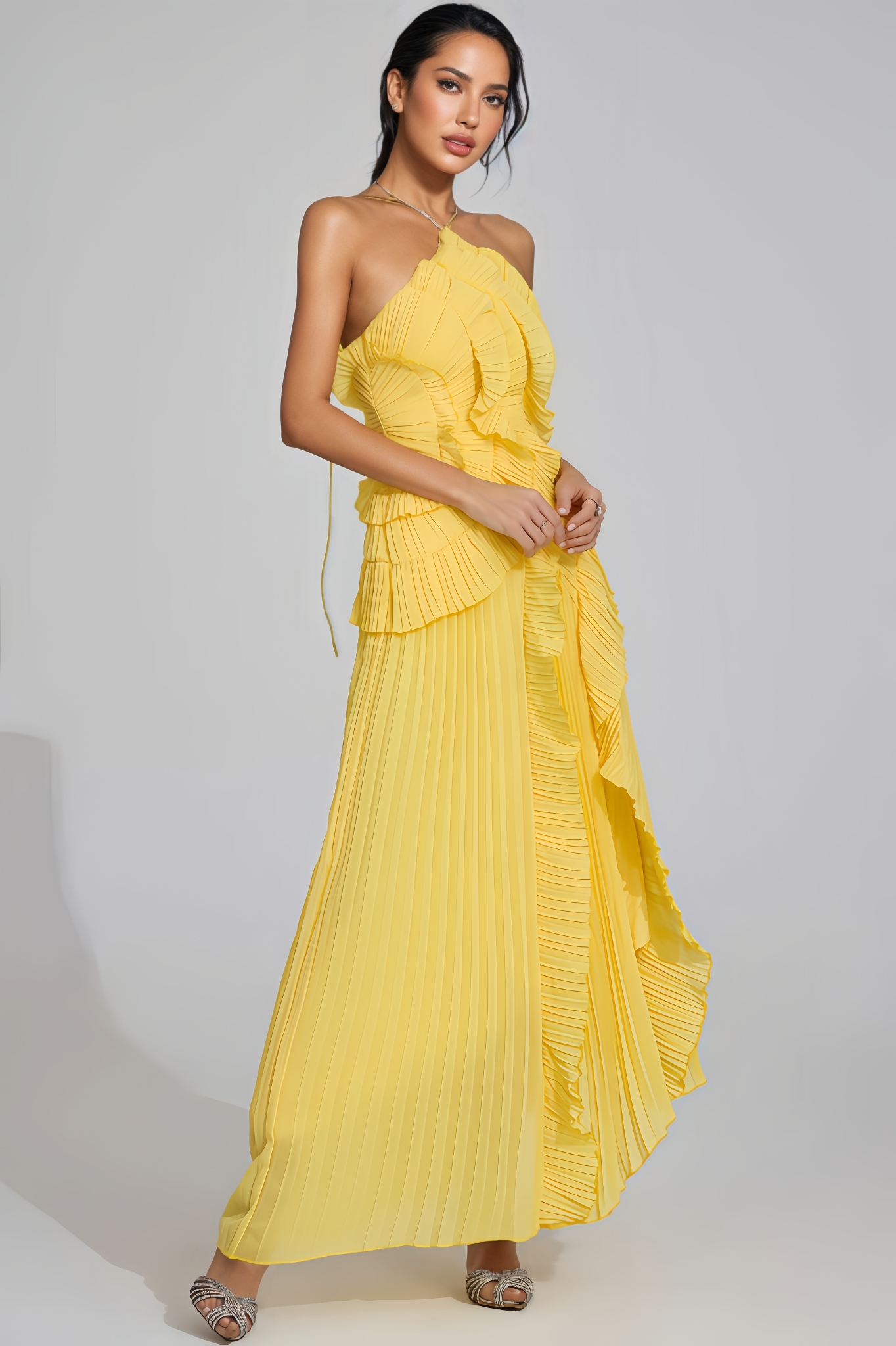Xiacly Yellow Asymmetric Pleated Halter Maxi Dress