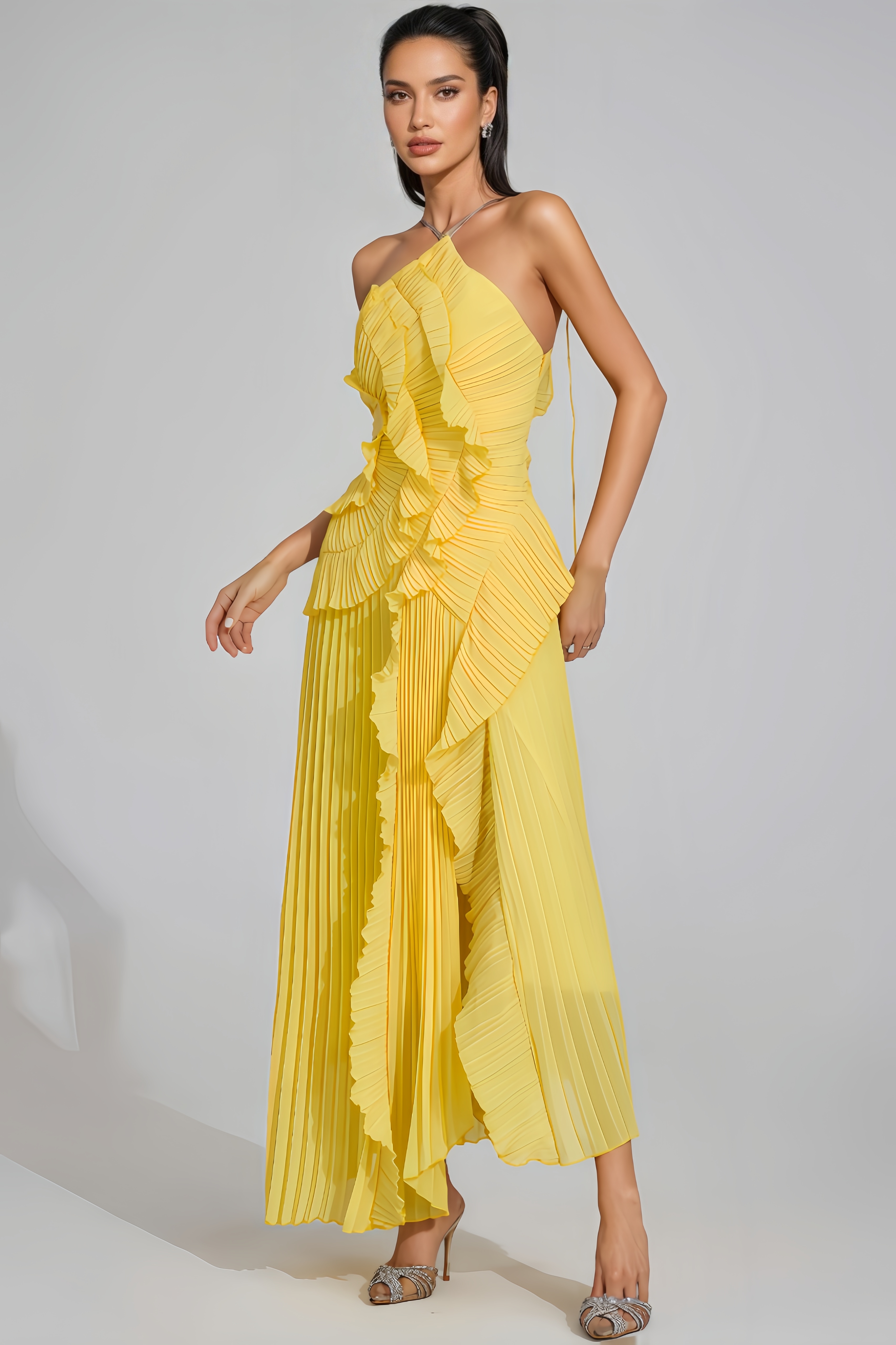 Xiacly Yellow Asymmetric Pleated Halter Maxi Dress