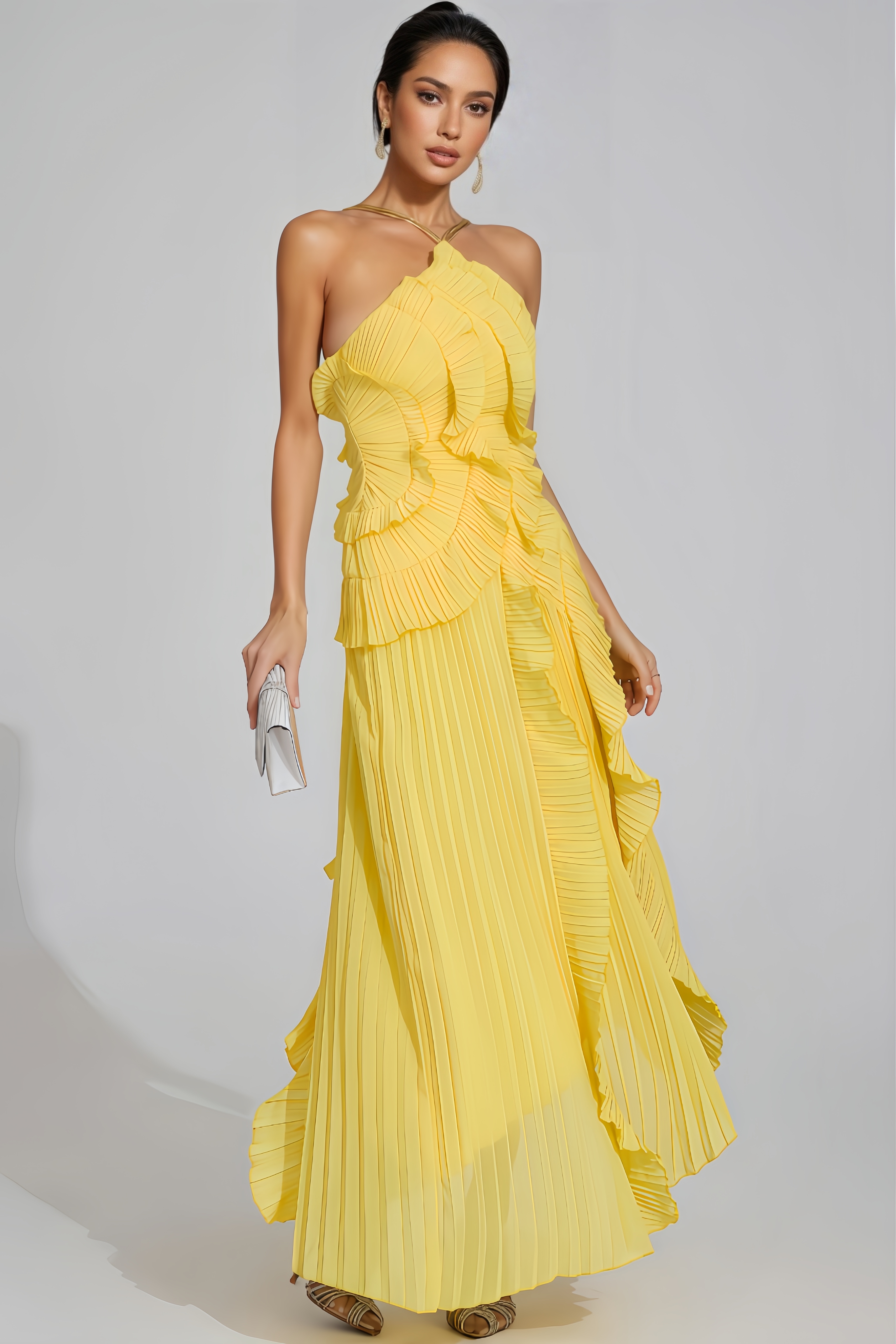 Xiacly Yellow Asymmetric Pleated Halter Maxi Dress