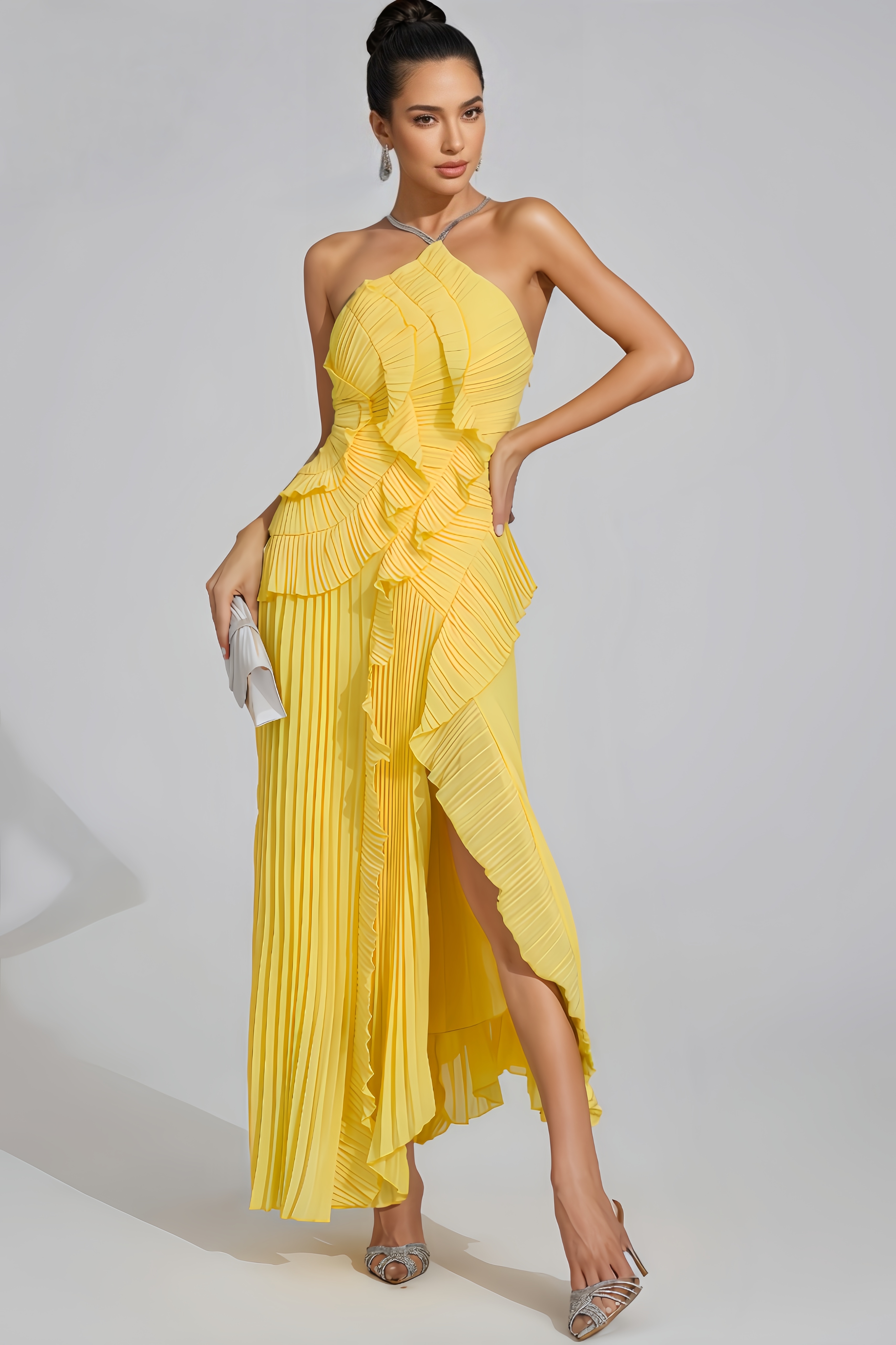 Xiacly Yellow Asymmetric Pleated Halter Maxi Dress