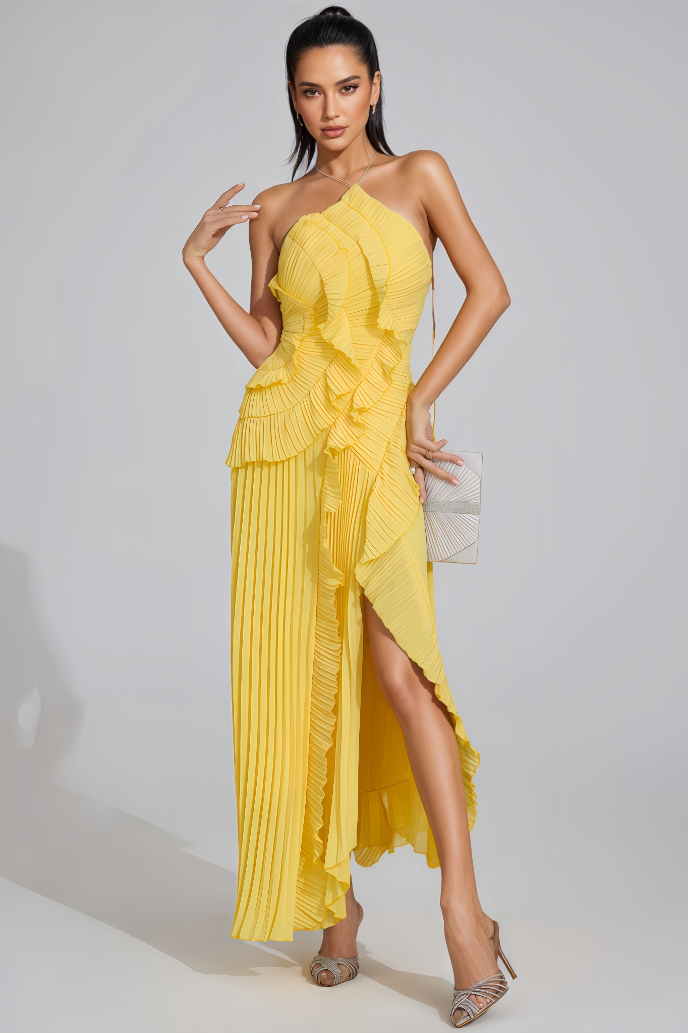 Xiacly Yellow Asymmetric Pleated Halter Maxi Dress