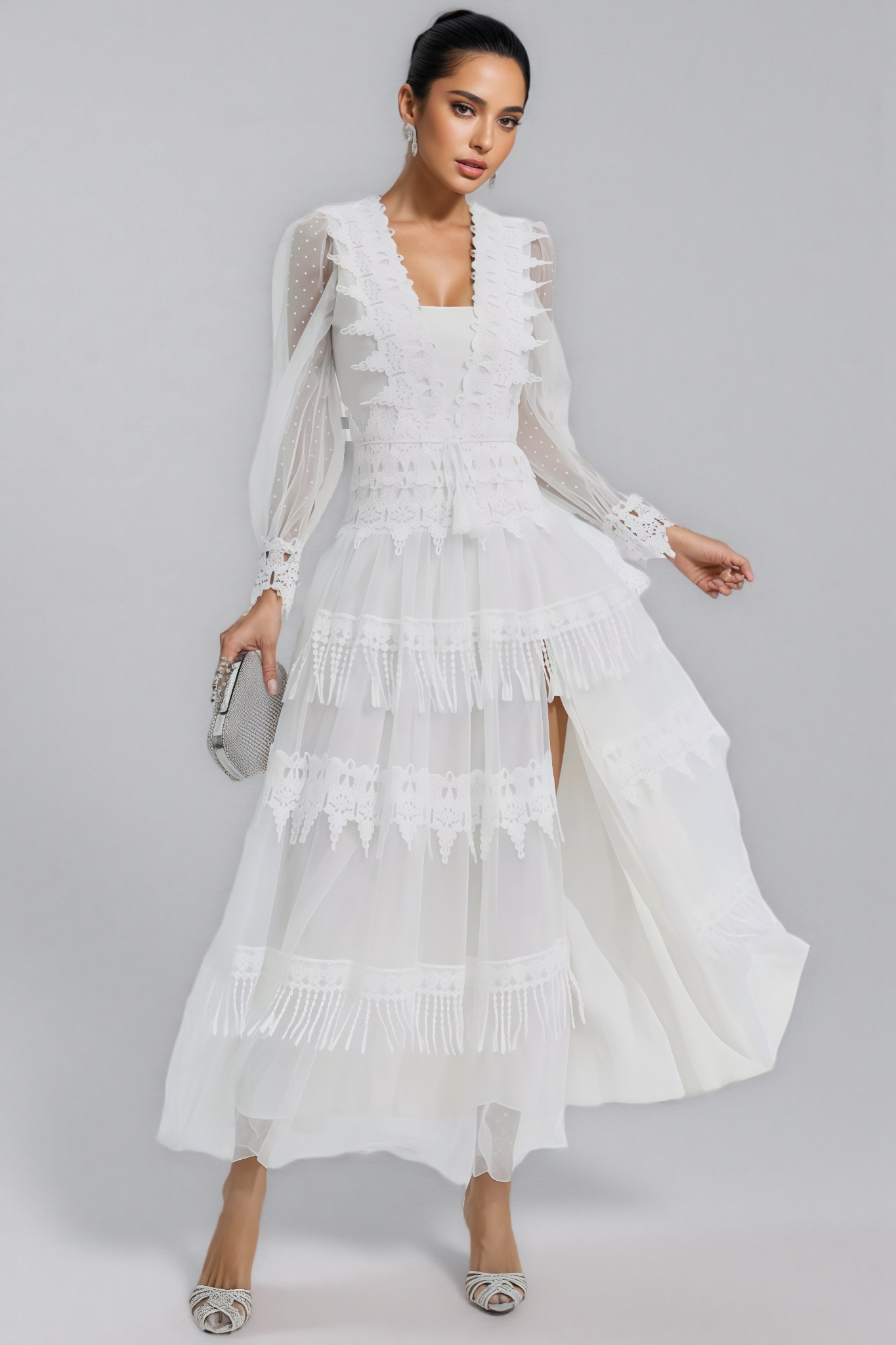 Torind White Lace Mesh Maxi Dress