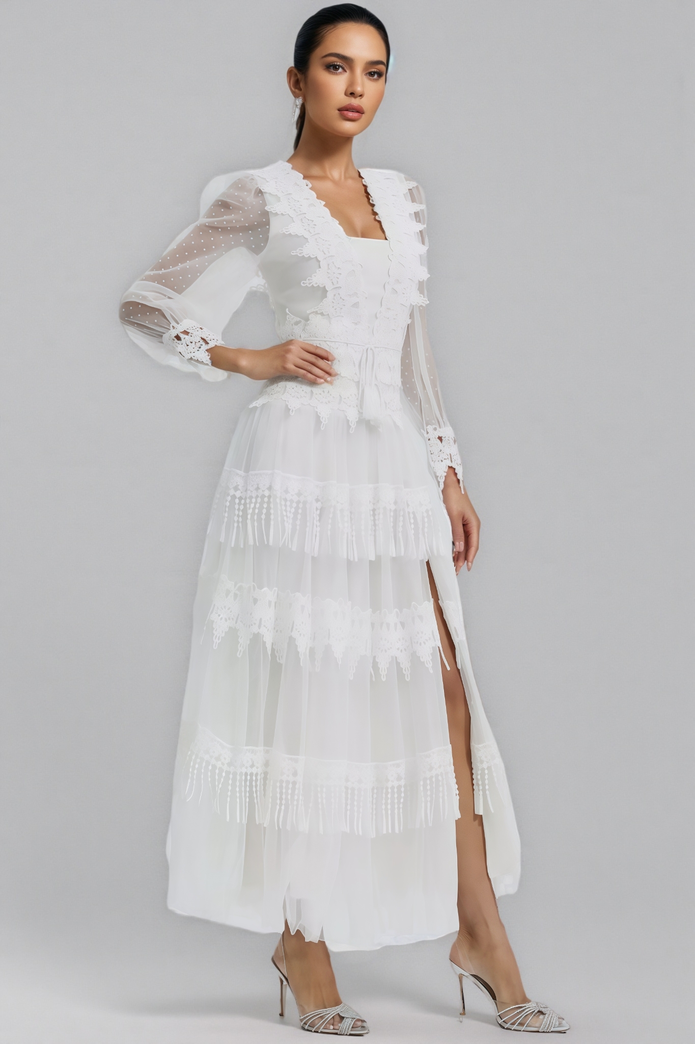Torind White Lace Mesh Maxi Dress