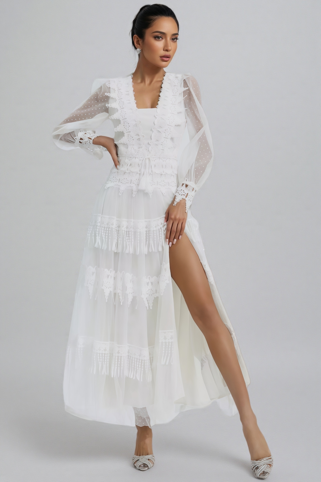 Torind White Lace Mesh Maxi Dress