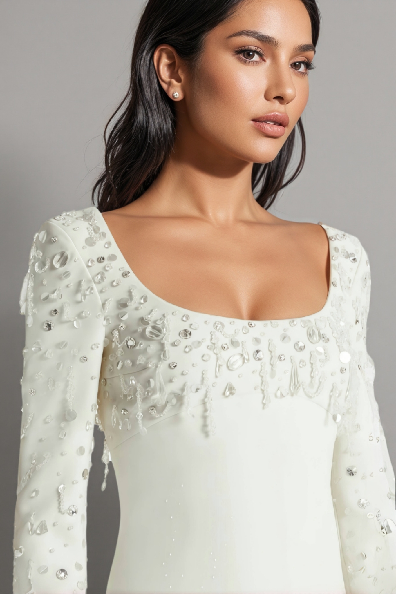 Owenfe White Beaded Diamond Mini Dress