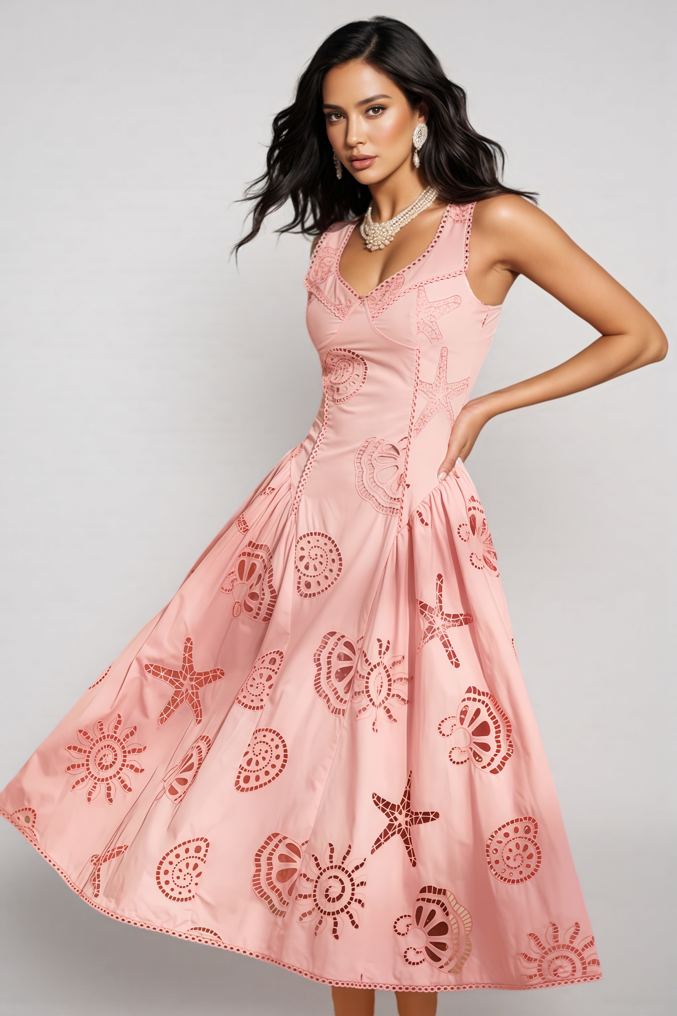 Lukea Pink Embroidered Openwork Midi Dress