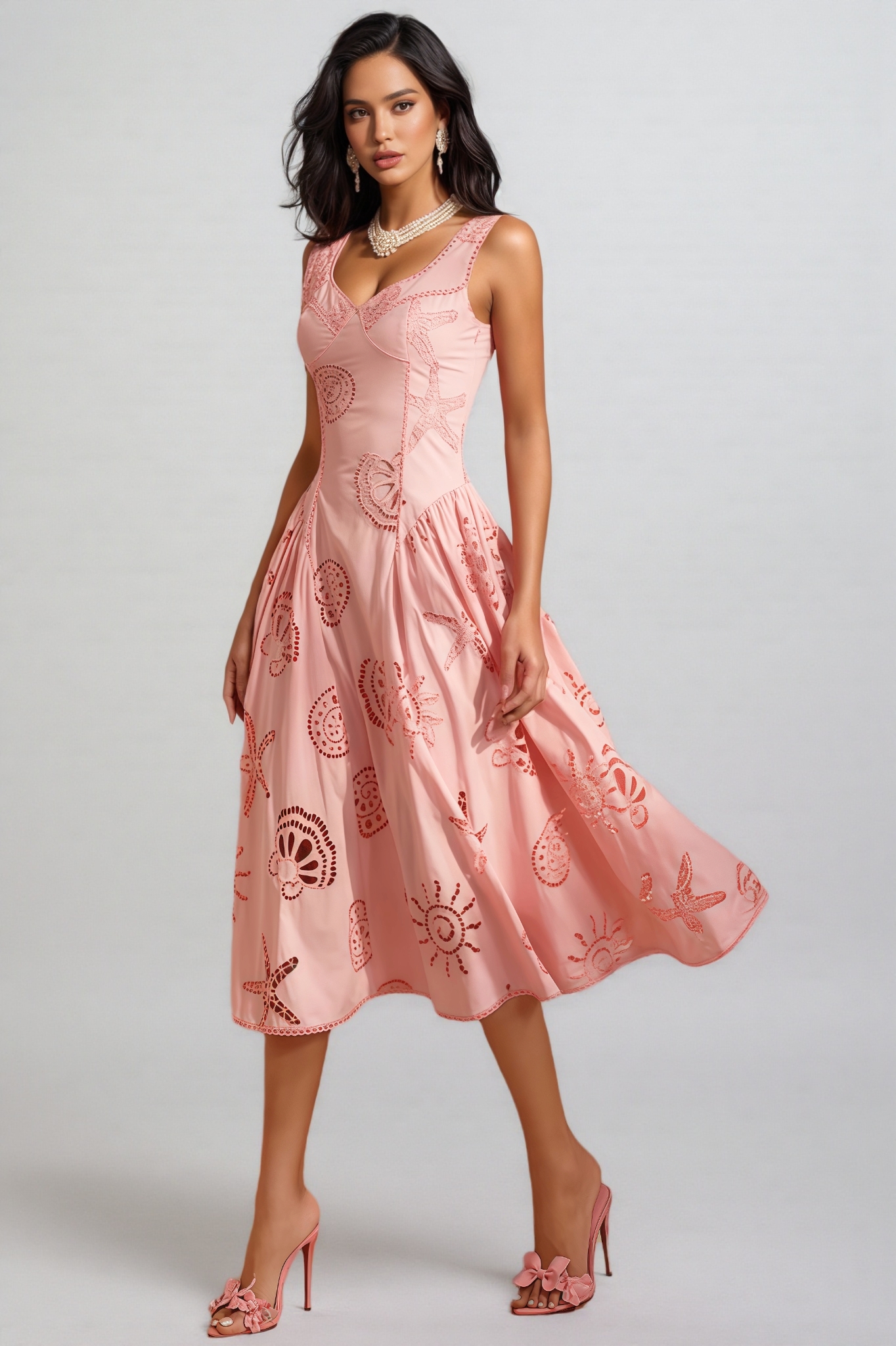 Lukea Pink Embroidered Openwork Midi Dress