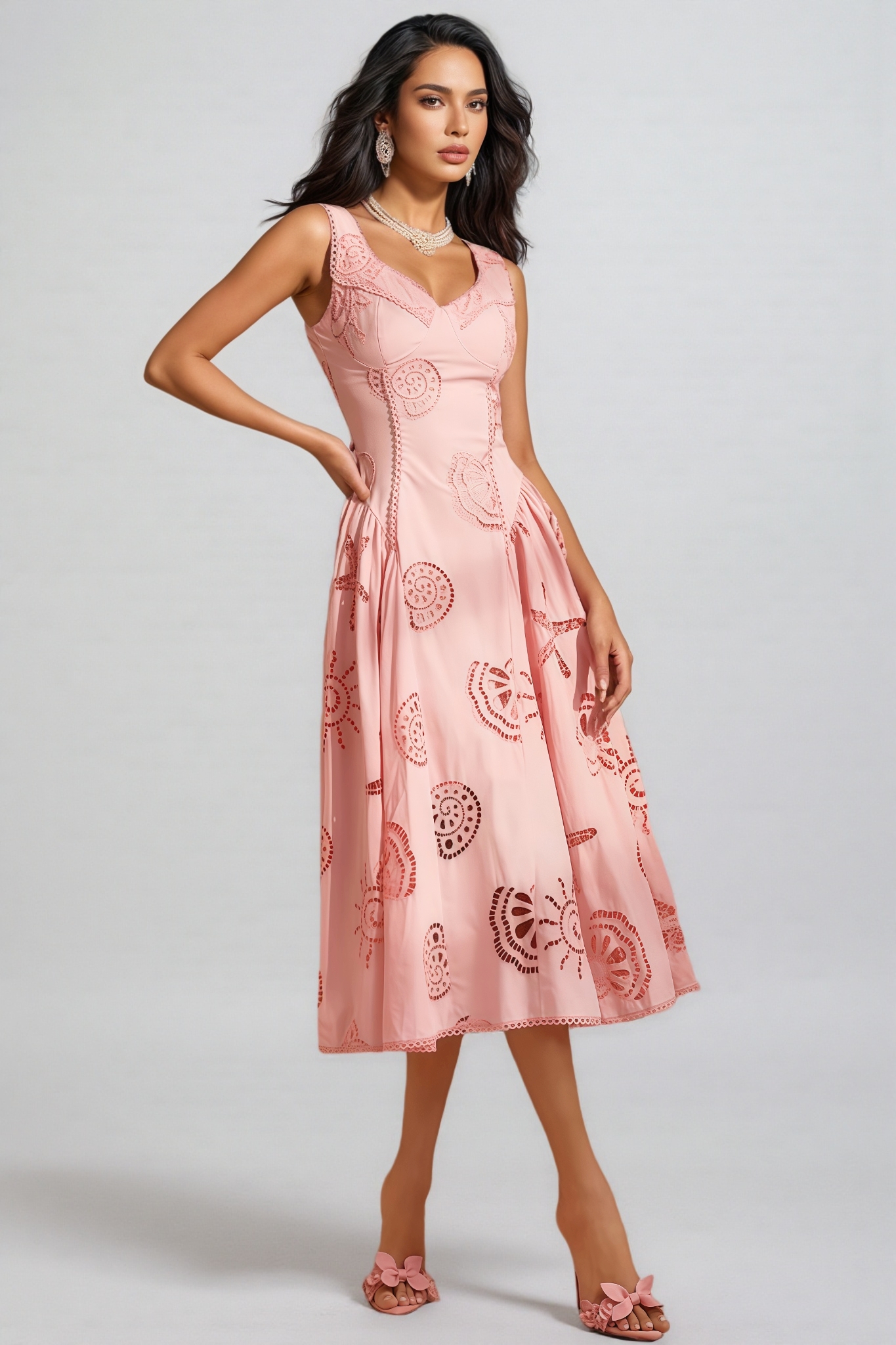 Lukea Pink Embroidered Openwork Midi Dress