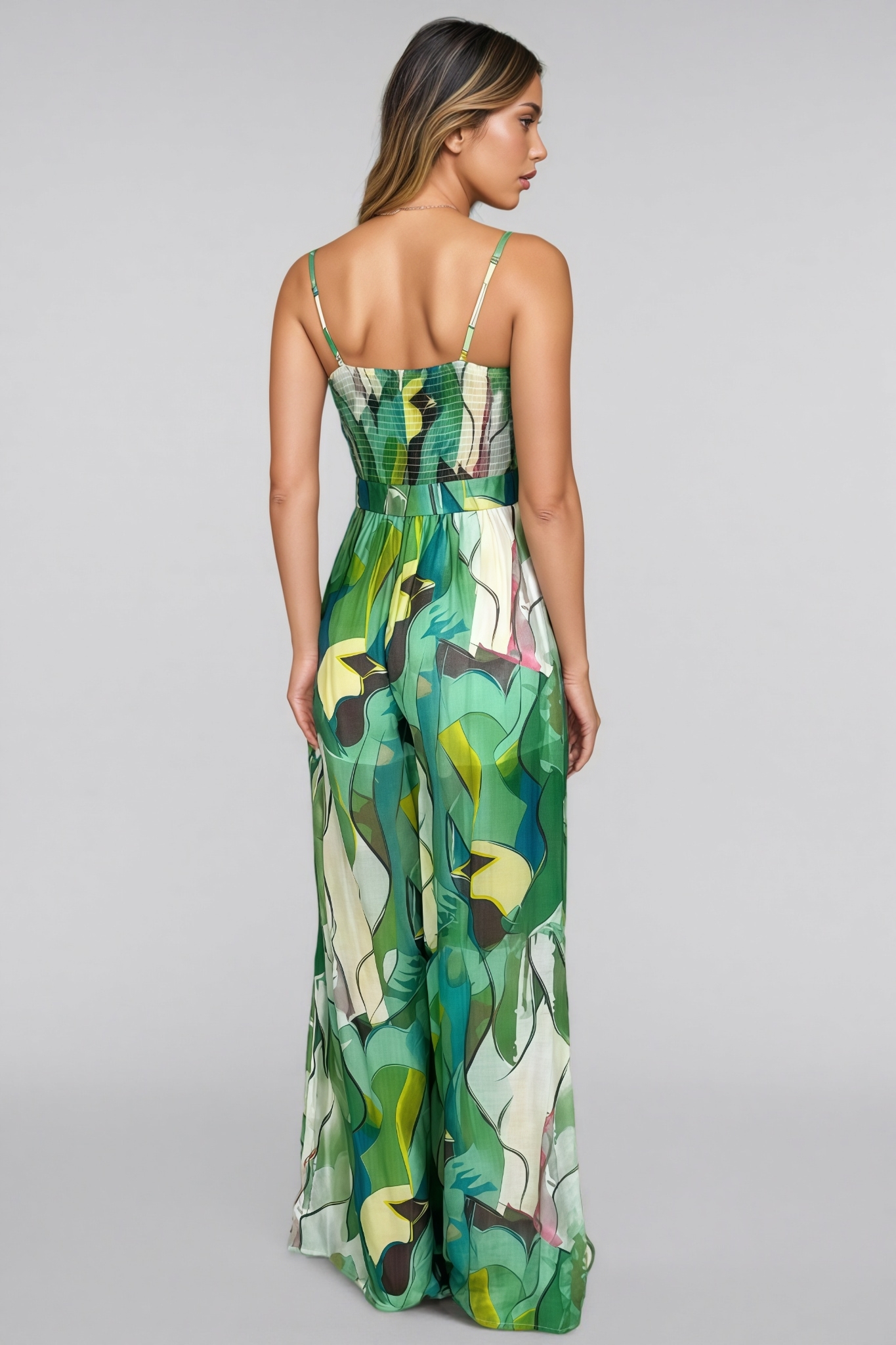 Quinn Green Printed Halter Bow Jumpsuit