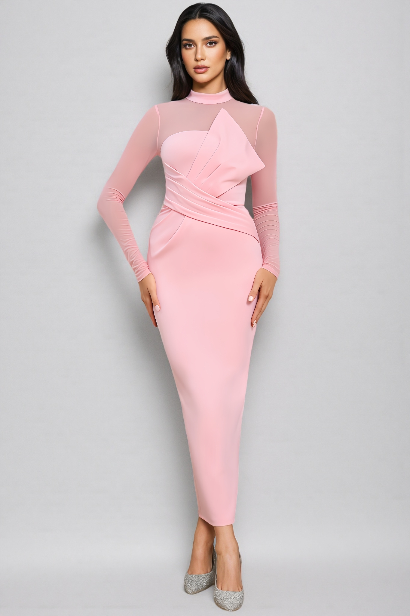 Cyerra Long-Sleeved Mesh Midi Dress