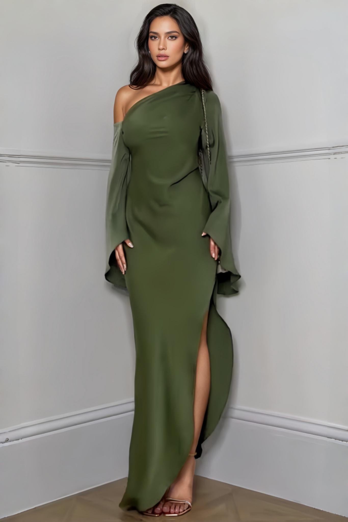 Ephai Solid Coloured Slanting Shoulder Maxi Dress