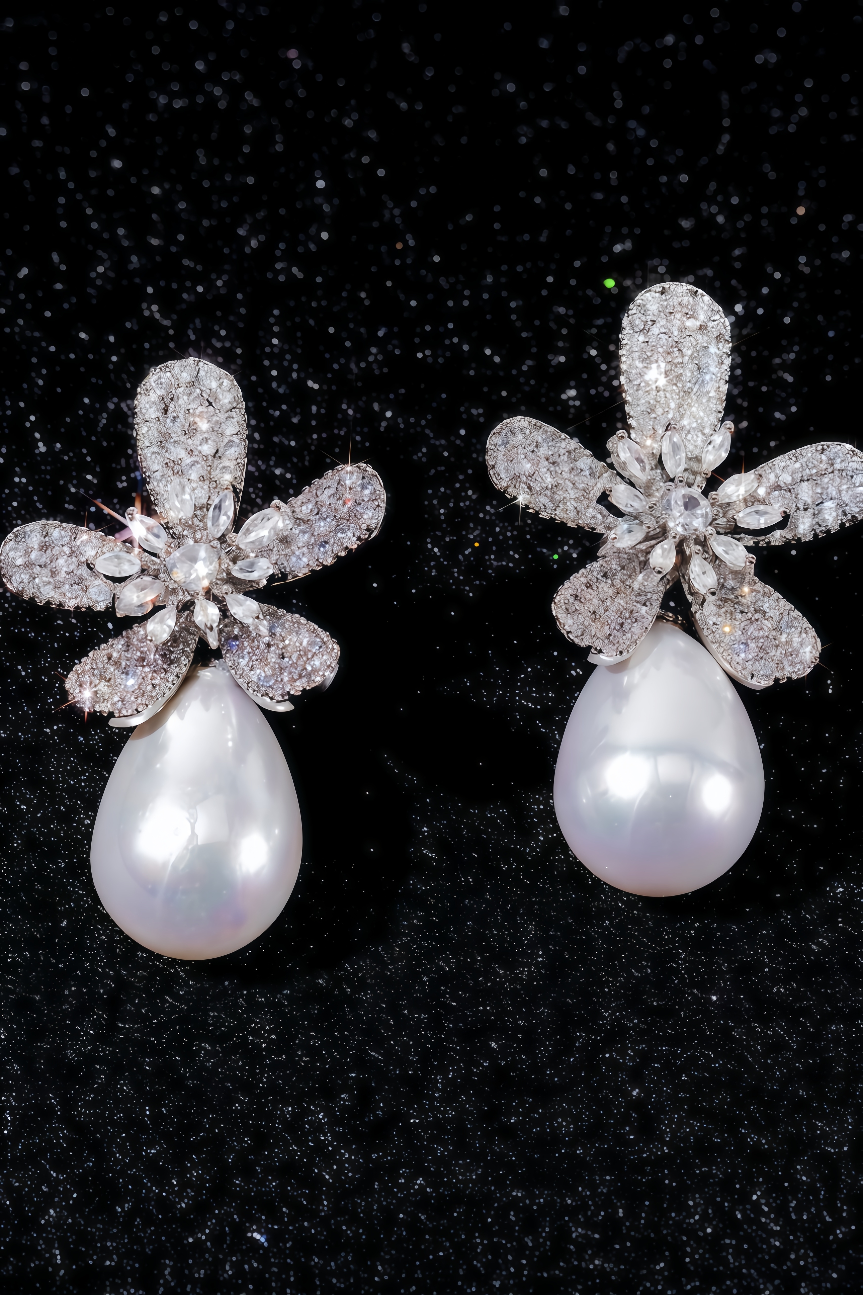 Reid Flower Diamond Water Drop Pearl Earrings