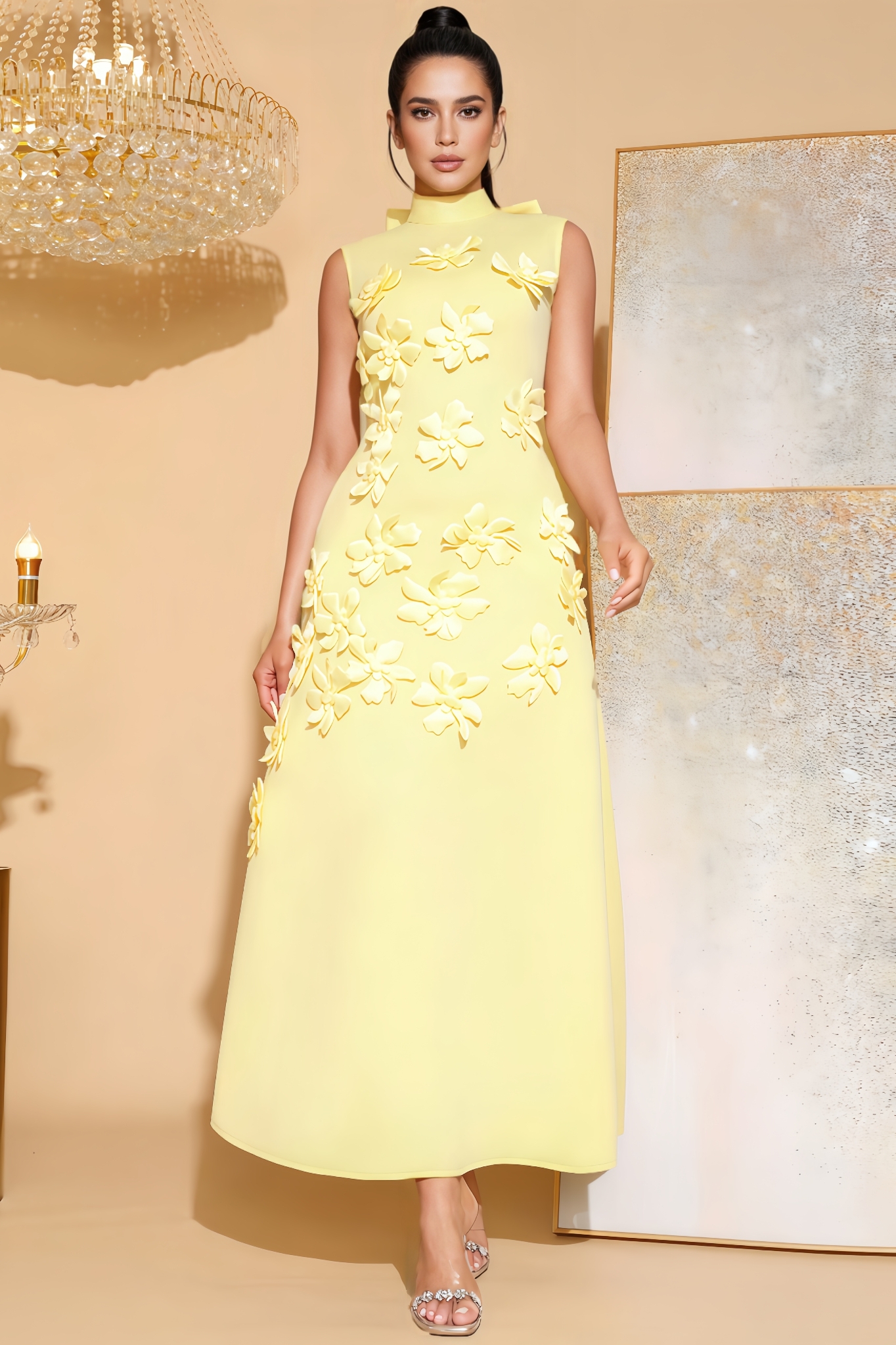 Liva Sleeveless 3D Floral Maxi Dress