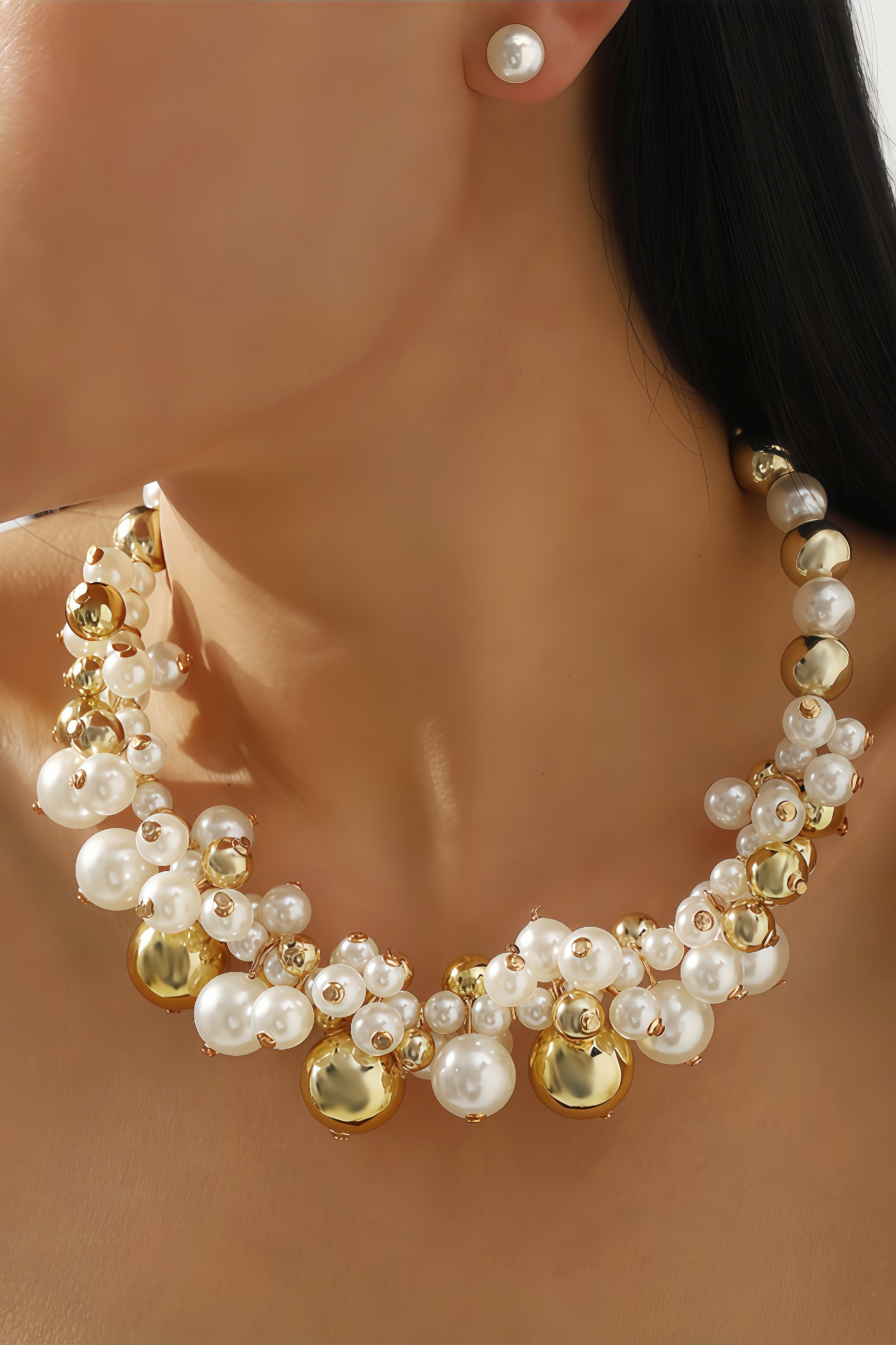 Stripe Imitation Pearl Stud Earring and Necklace Set