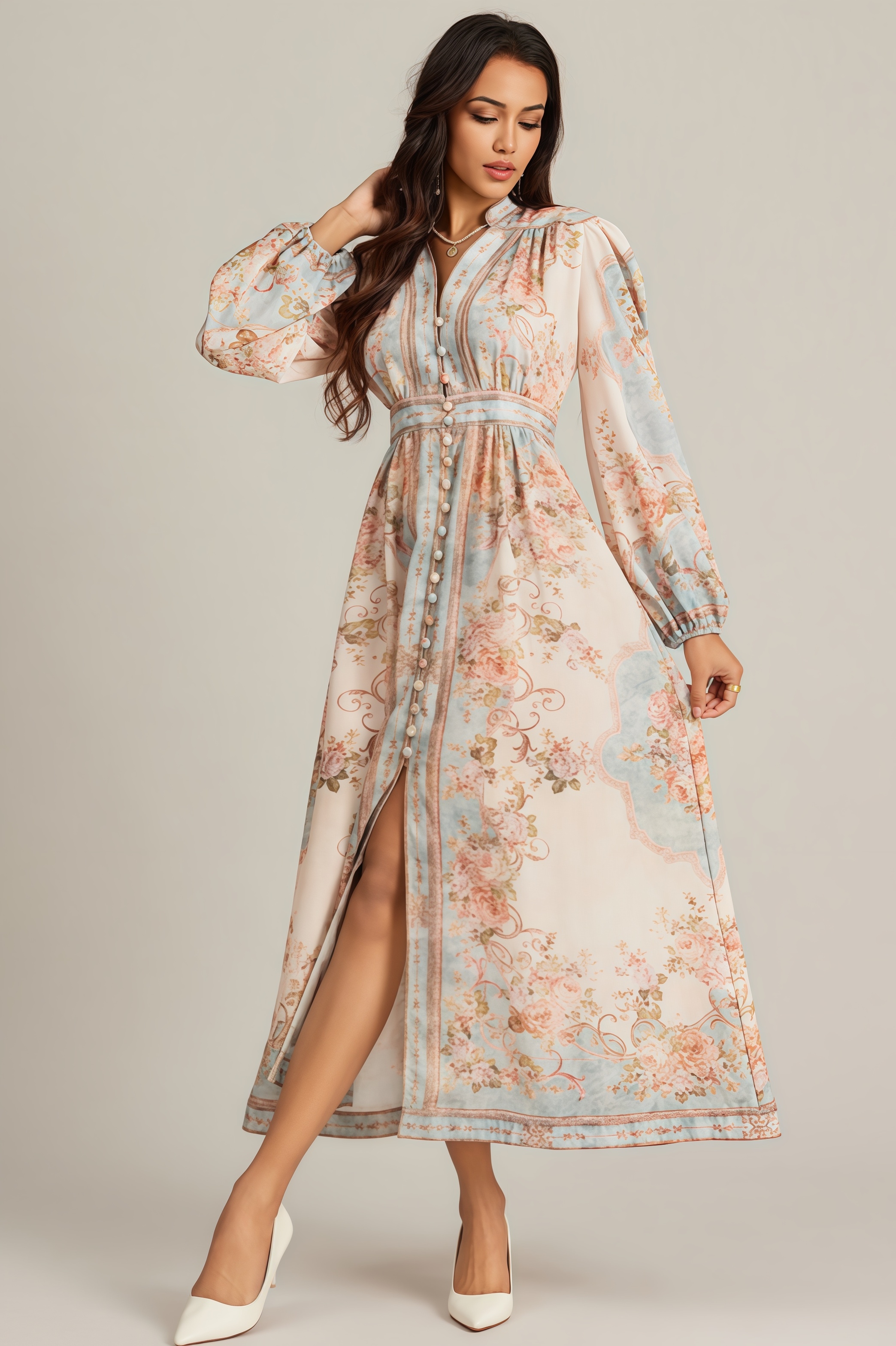 Quillon Blue Print Single Breasted Maxi Dress