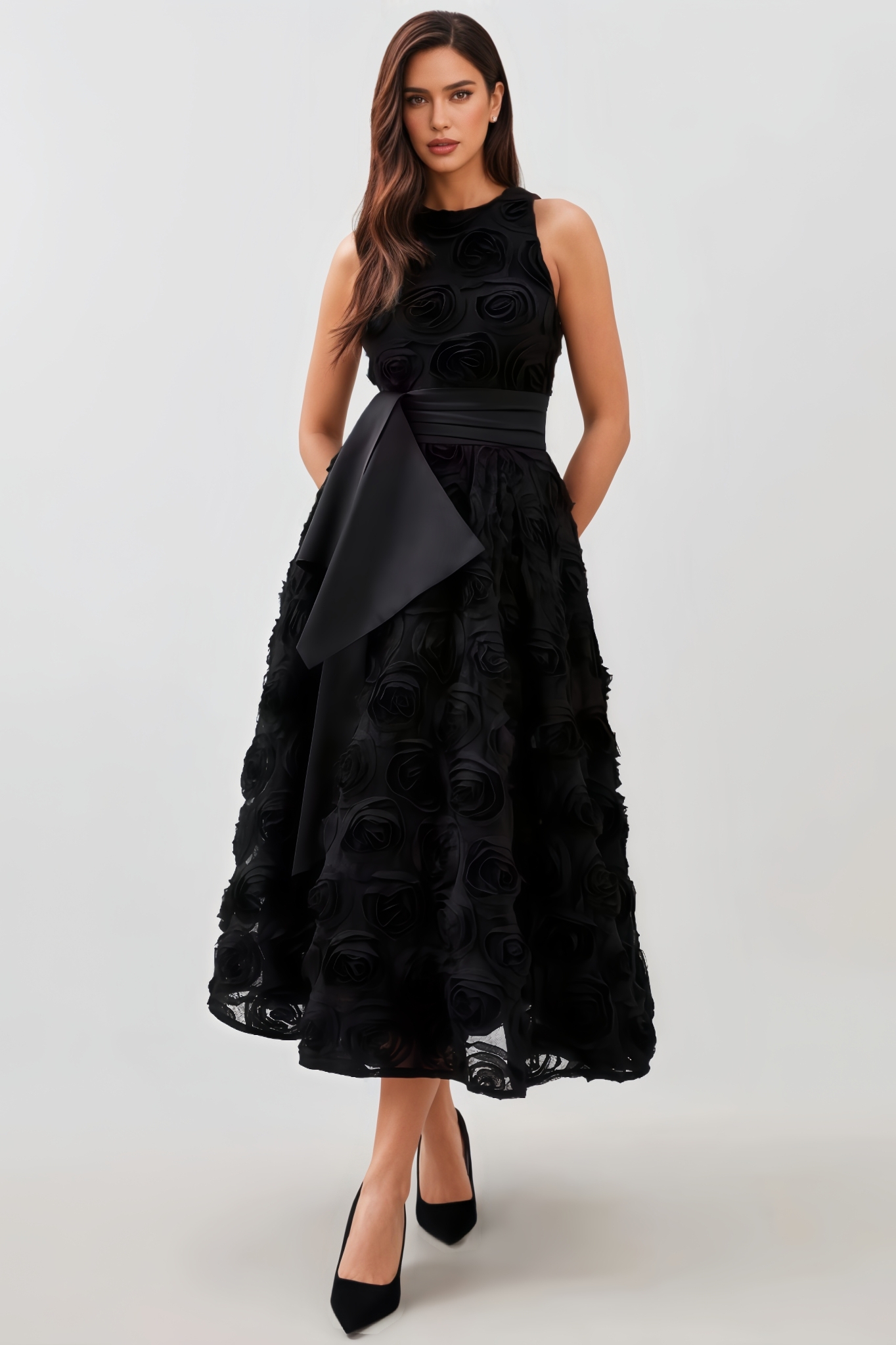 Mona Tulle-Satin Belted Woven Midi Dress