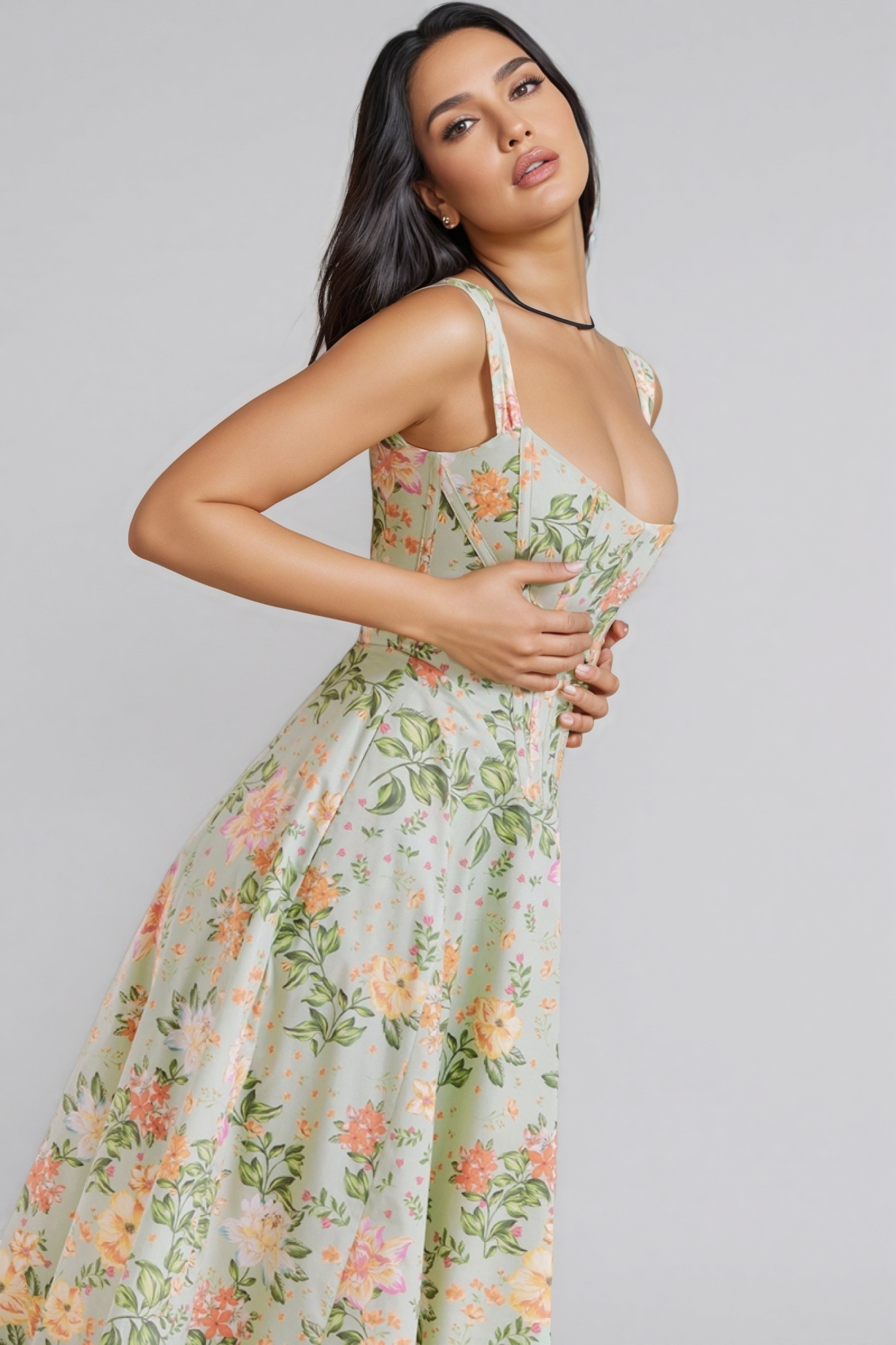 Nila Green Split Floral Midi Dress
