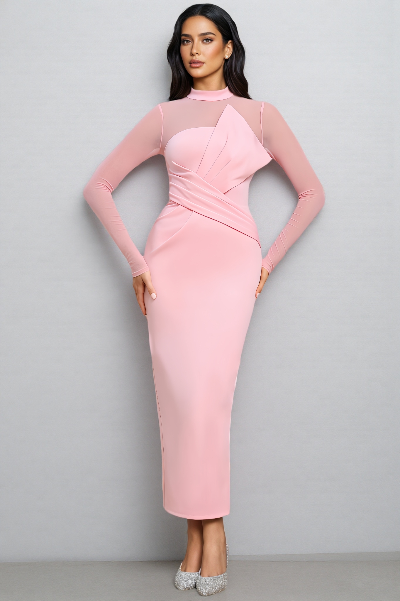 Cyerra Long-Sleeved Mesh Midi Dress