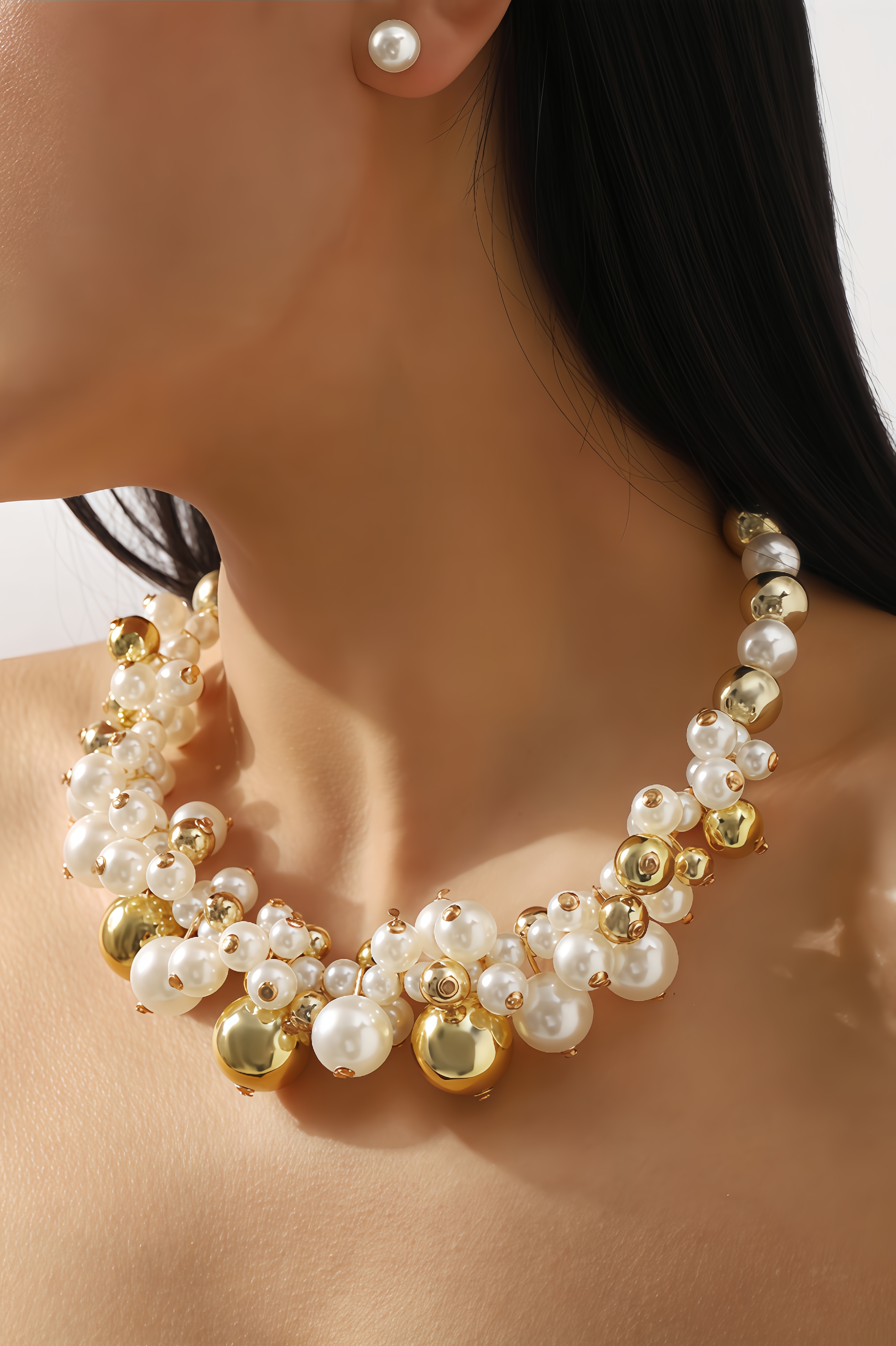 Stripe Imitation Pearl Stud Earring and Necklace Set