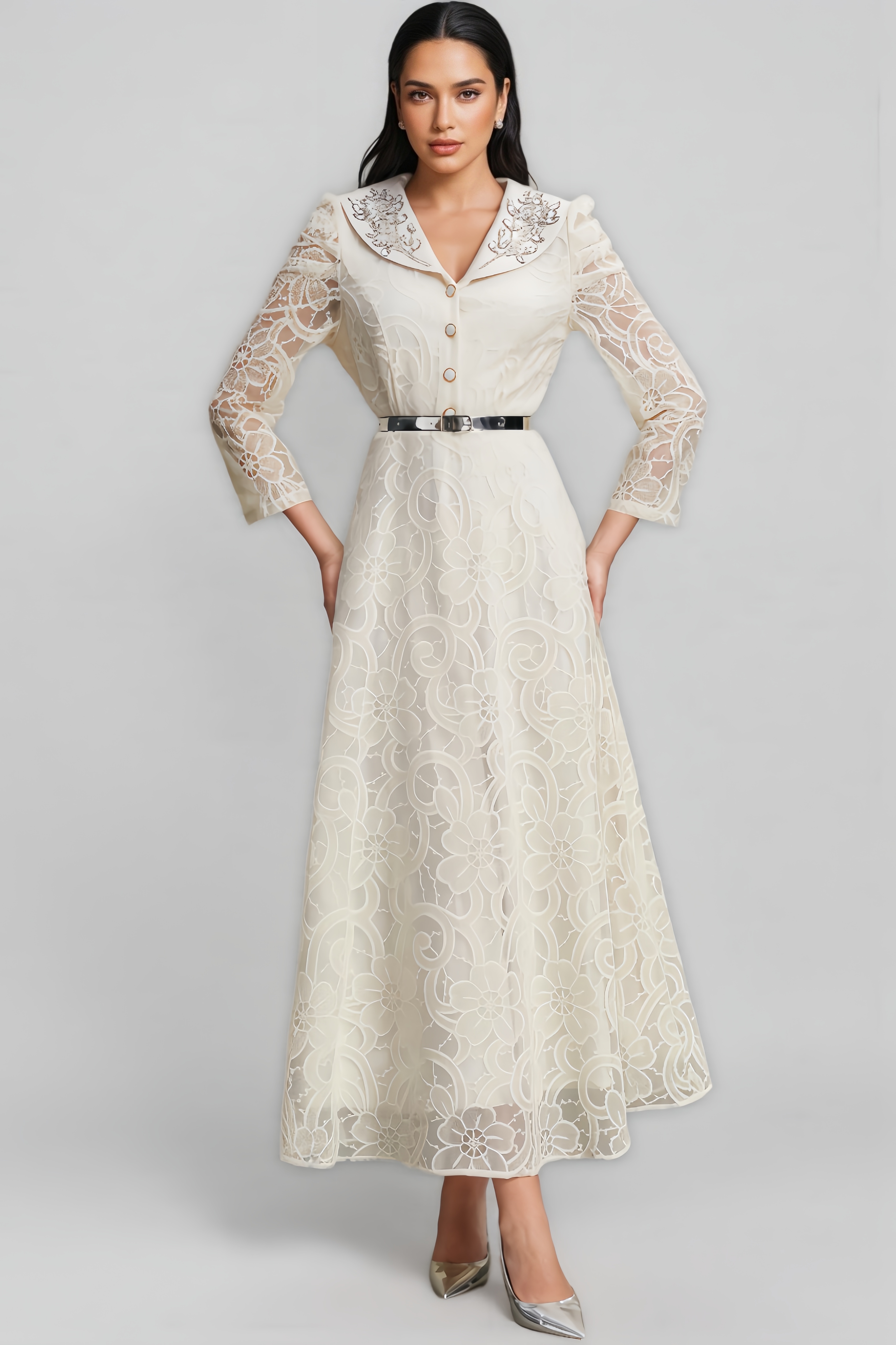 Oana Diamond-Encrusted Lace Maxi Dress