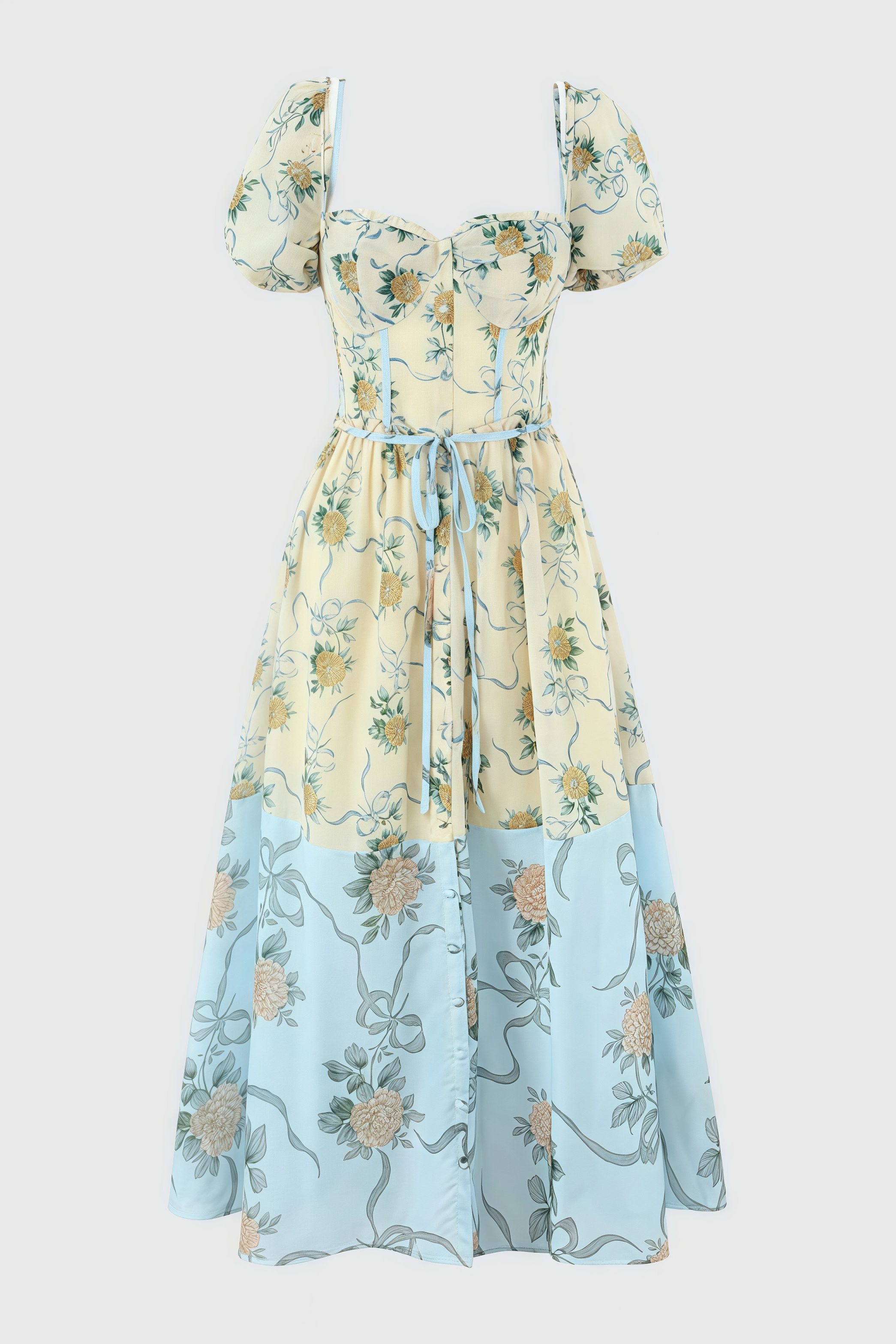 Azurt Yellow Vintage Rose Chiffon Midi Dress