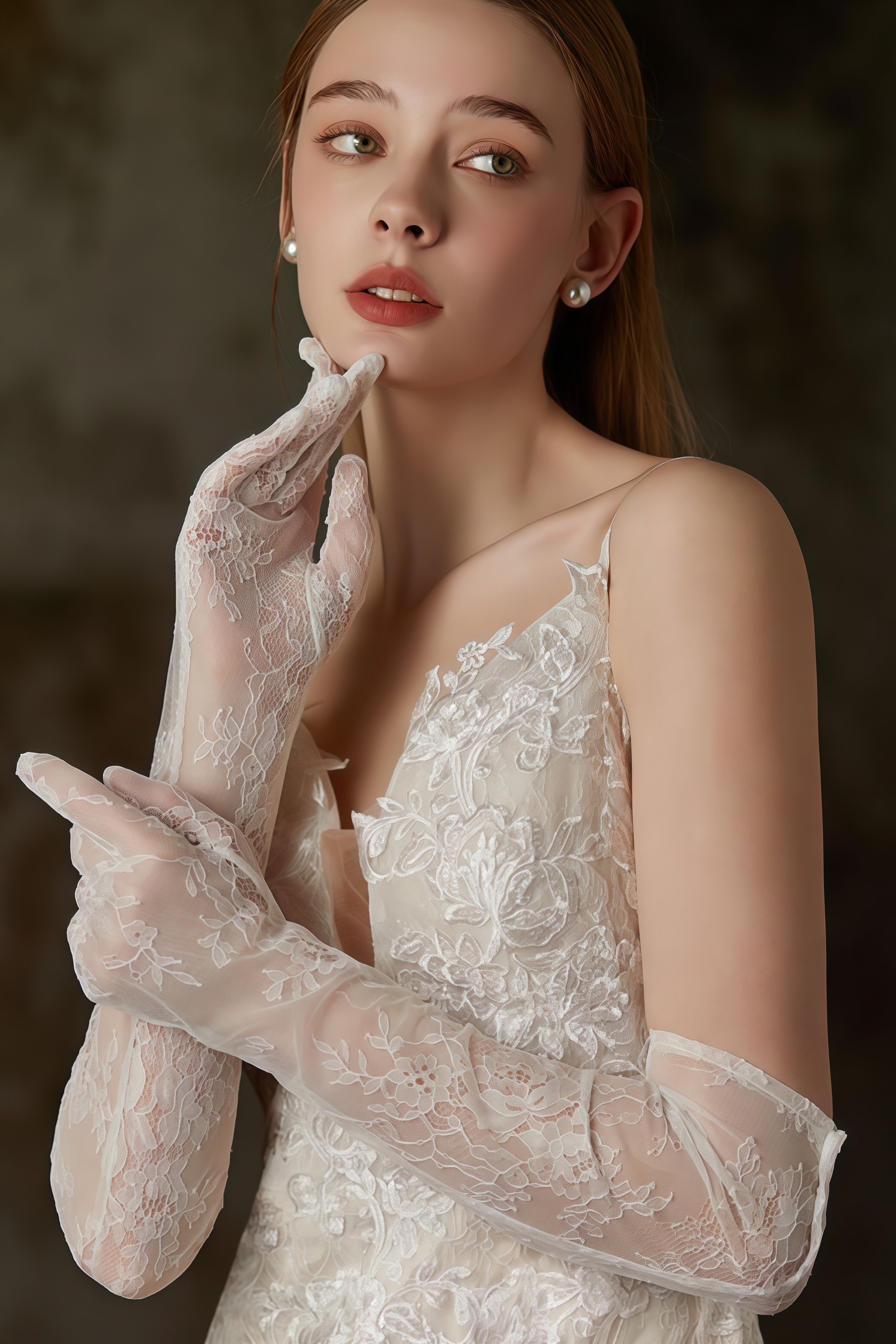 Therls Beige Long Chiffon Lace Gloves