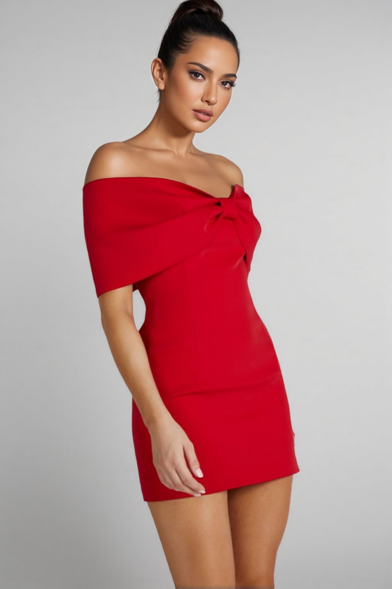 Lavinia Off Shoulder Bow Mini Dress - Red