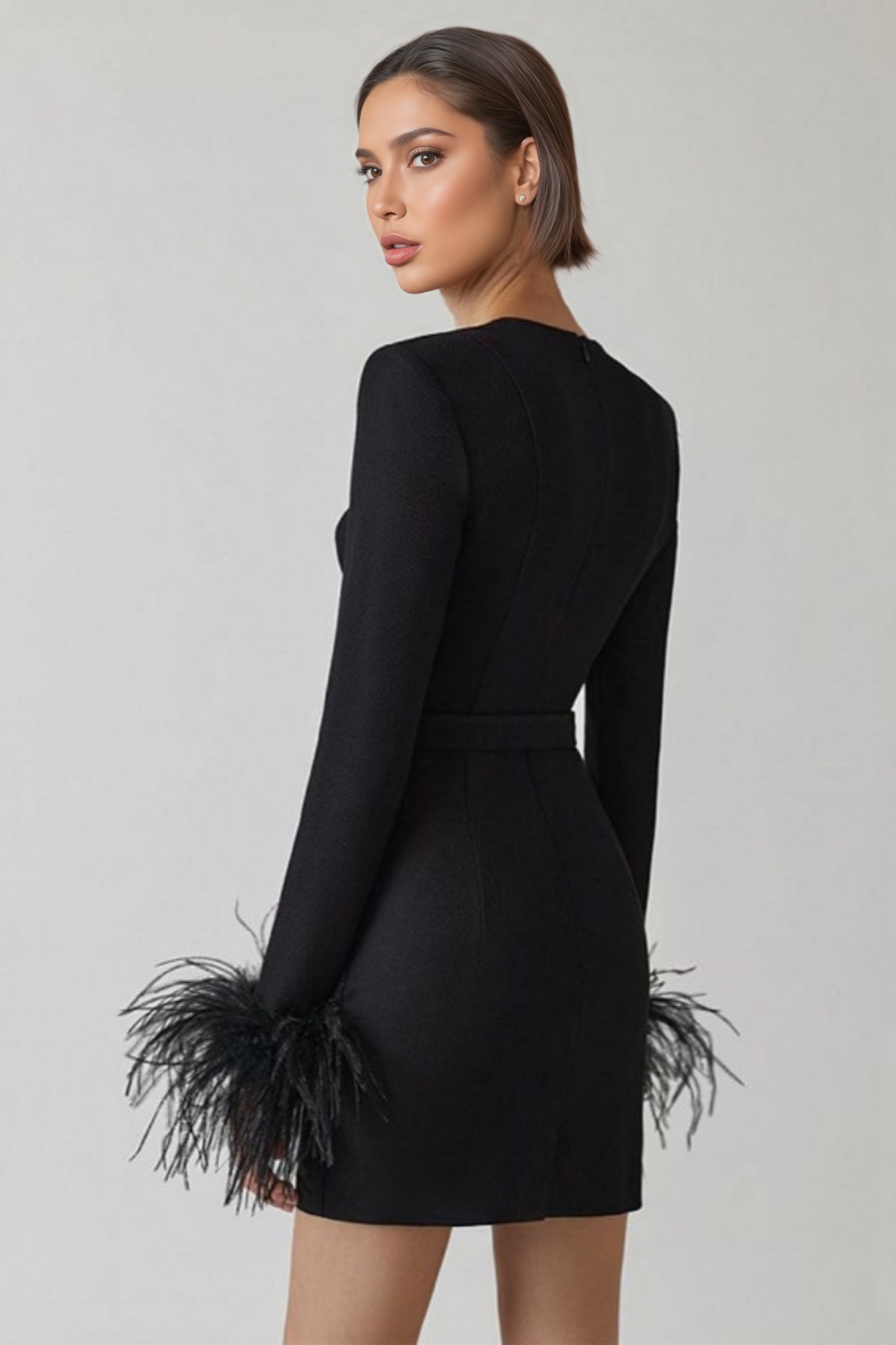 Delphinia Sexy Long Sleeve Feathers Mini Dress