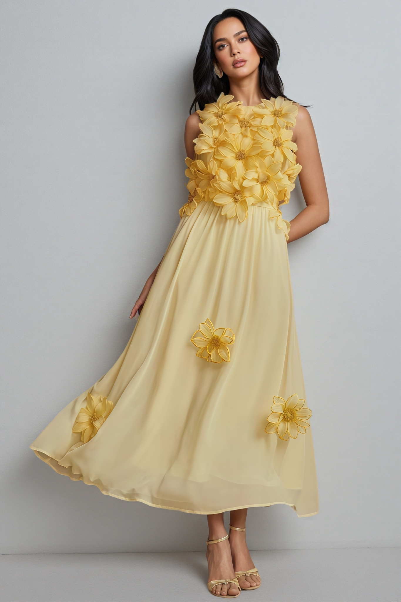 Ytharis Yellow 3D Floral Maxi Dress