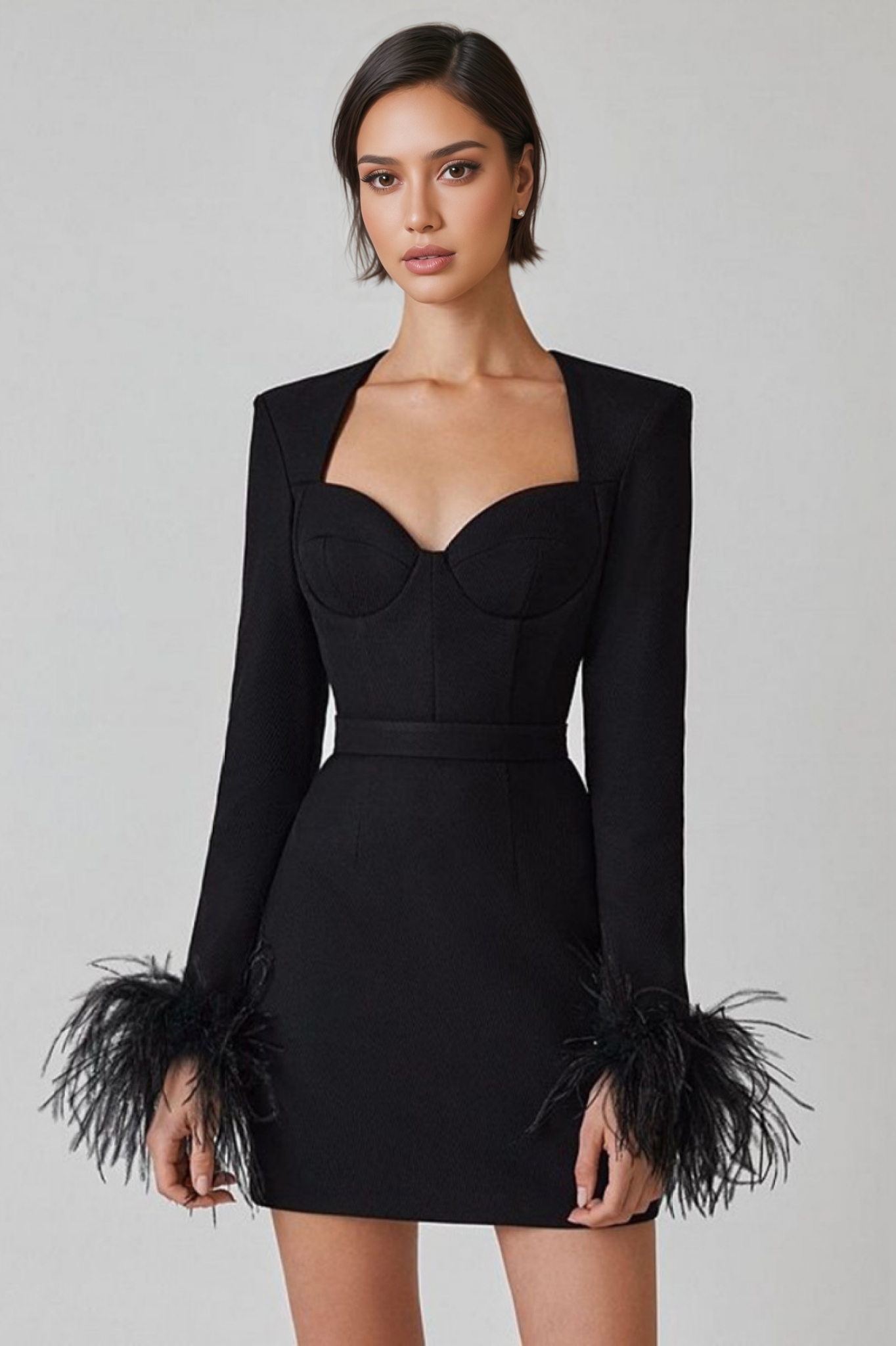 Delphinia Sexy Long Sleeve Feathers Mini Dress