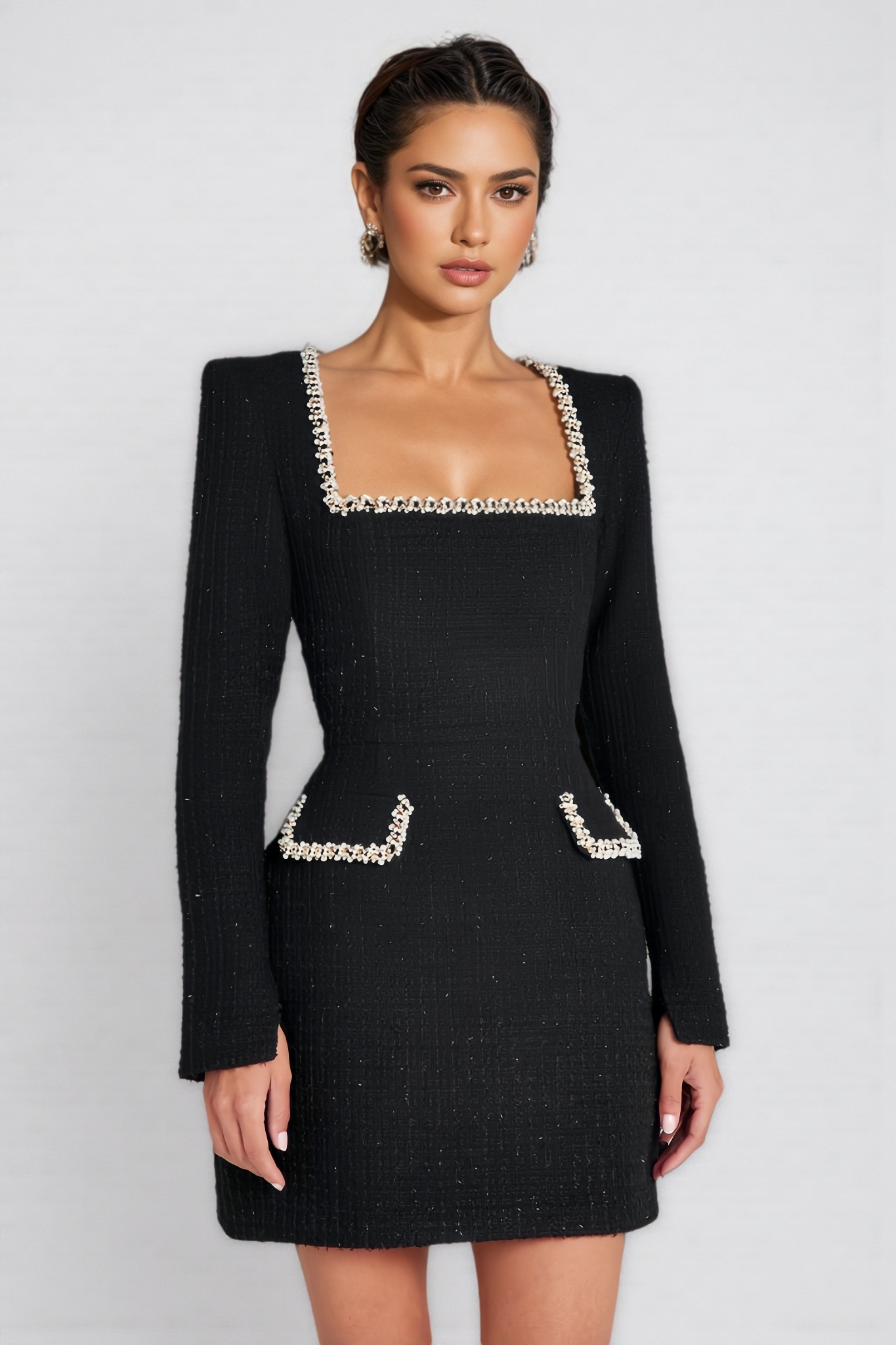 Ilyna U Neck Long Sleeve Mini Dress-Black