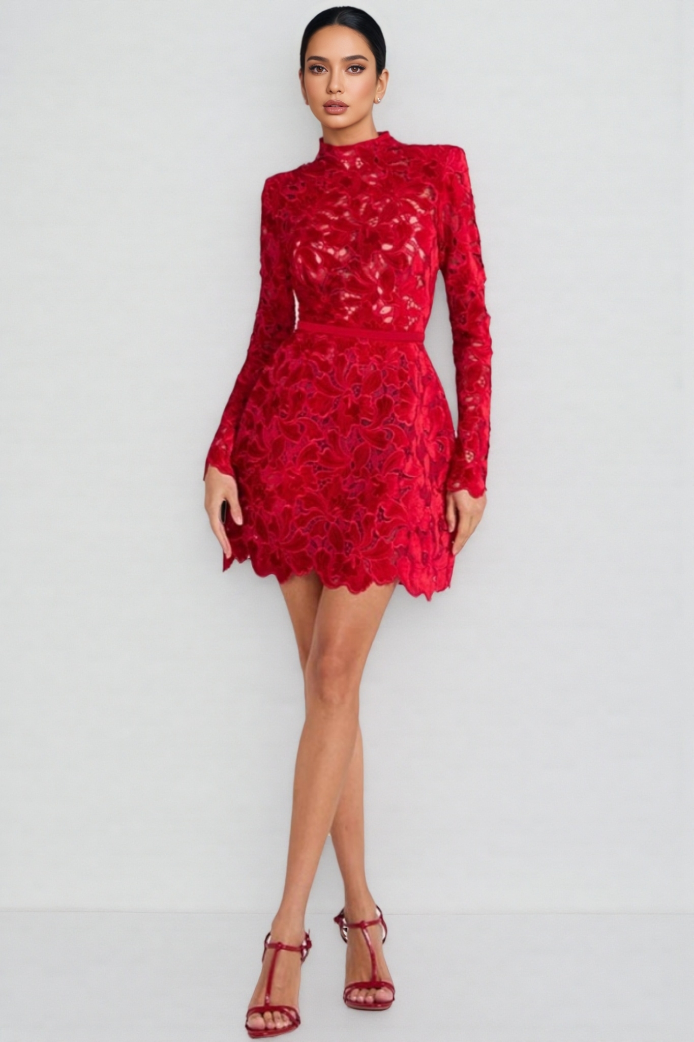 Beni Long Sleeve Lace Mini Dress-Red