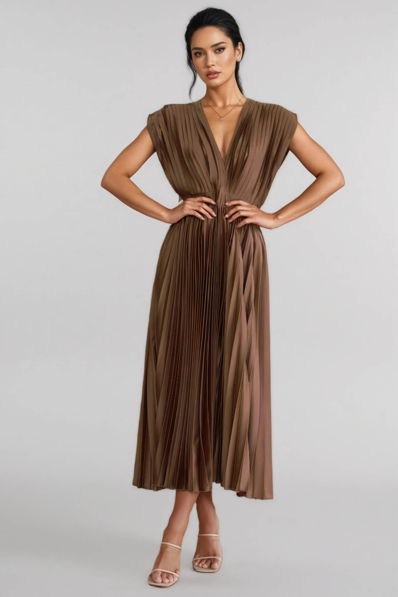 Civi Sleeveless Pleated Maxi Dress-Brown