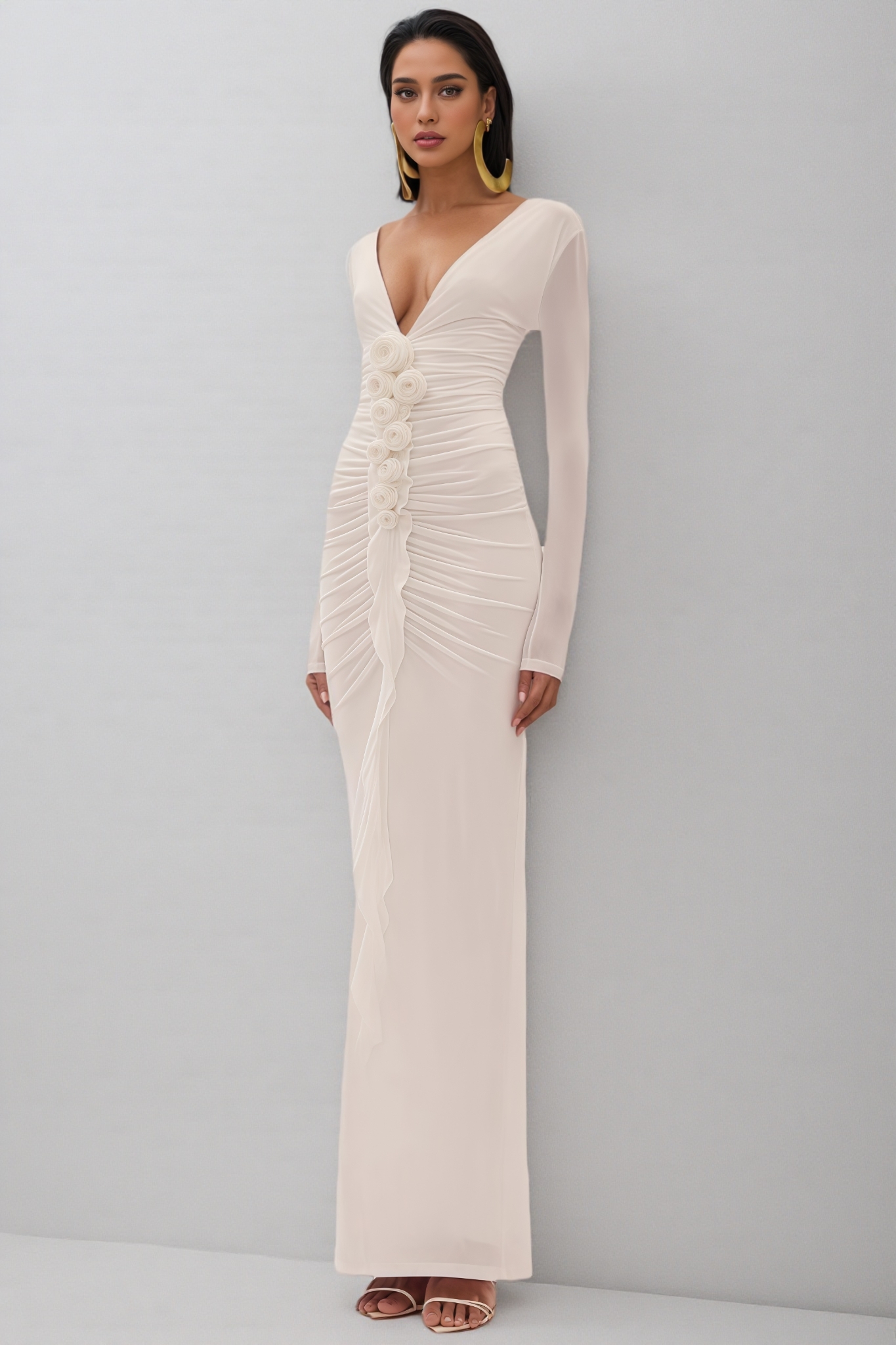 Vivialk V-neck 3D Flower Pleated Maxi Dress