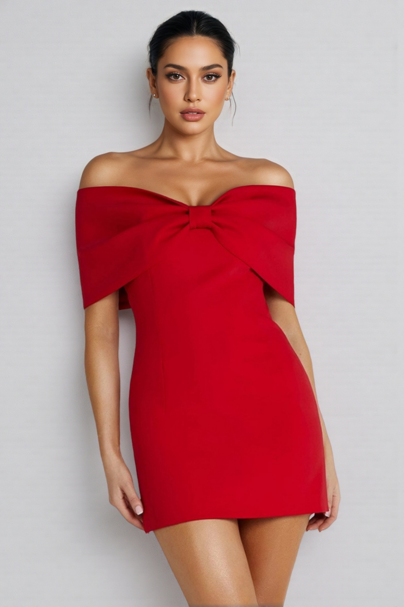 Lavinia Off Shoulder Bow Mini Dress - Red