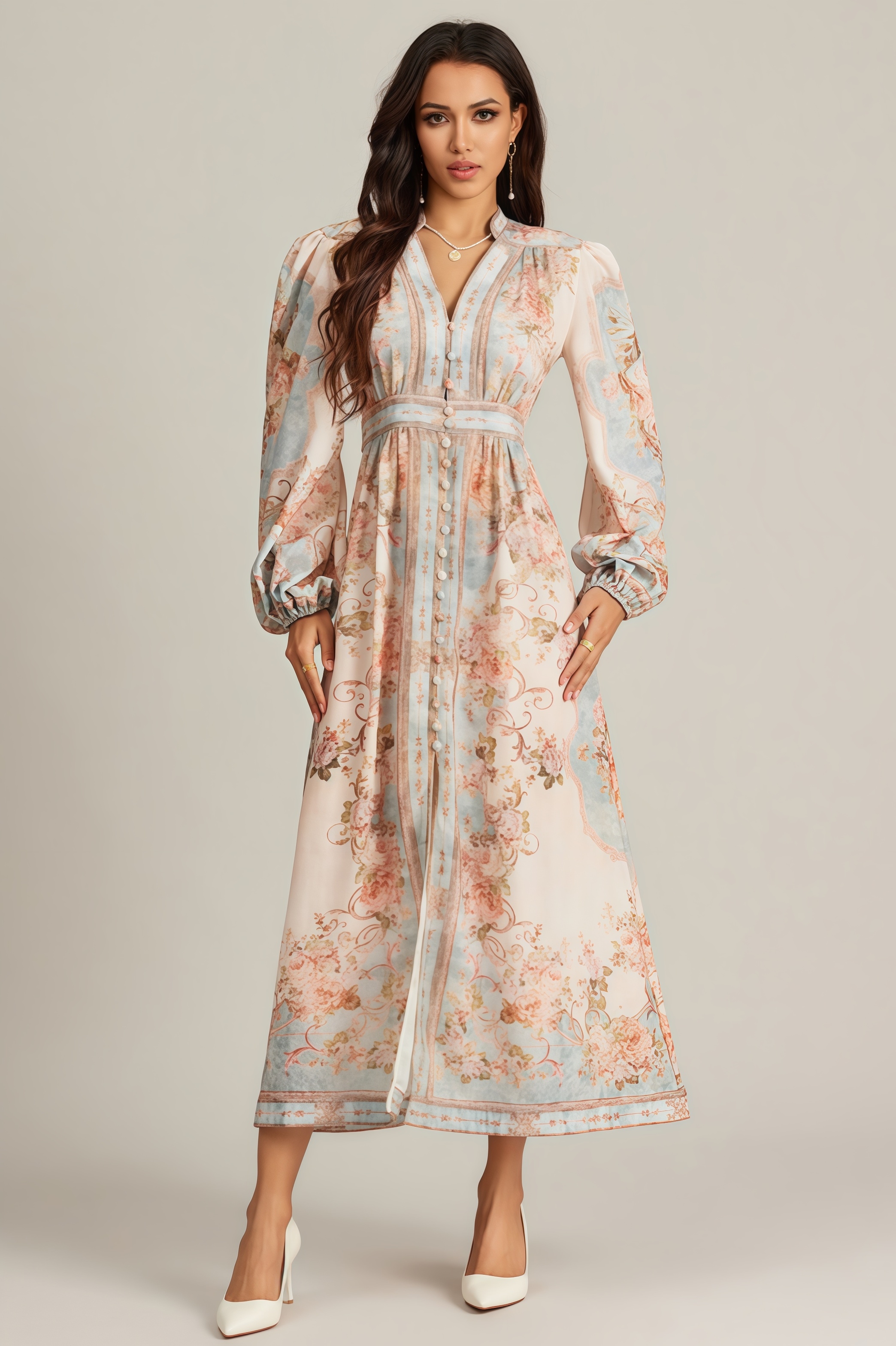 Quillon Blue Print Single Breasted Maxi Dress