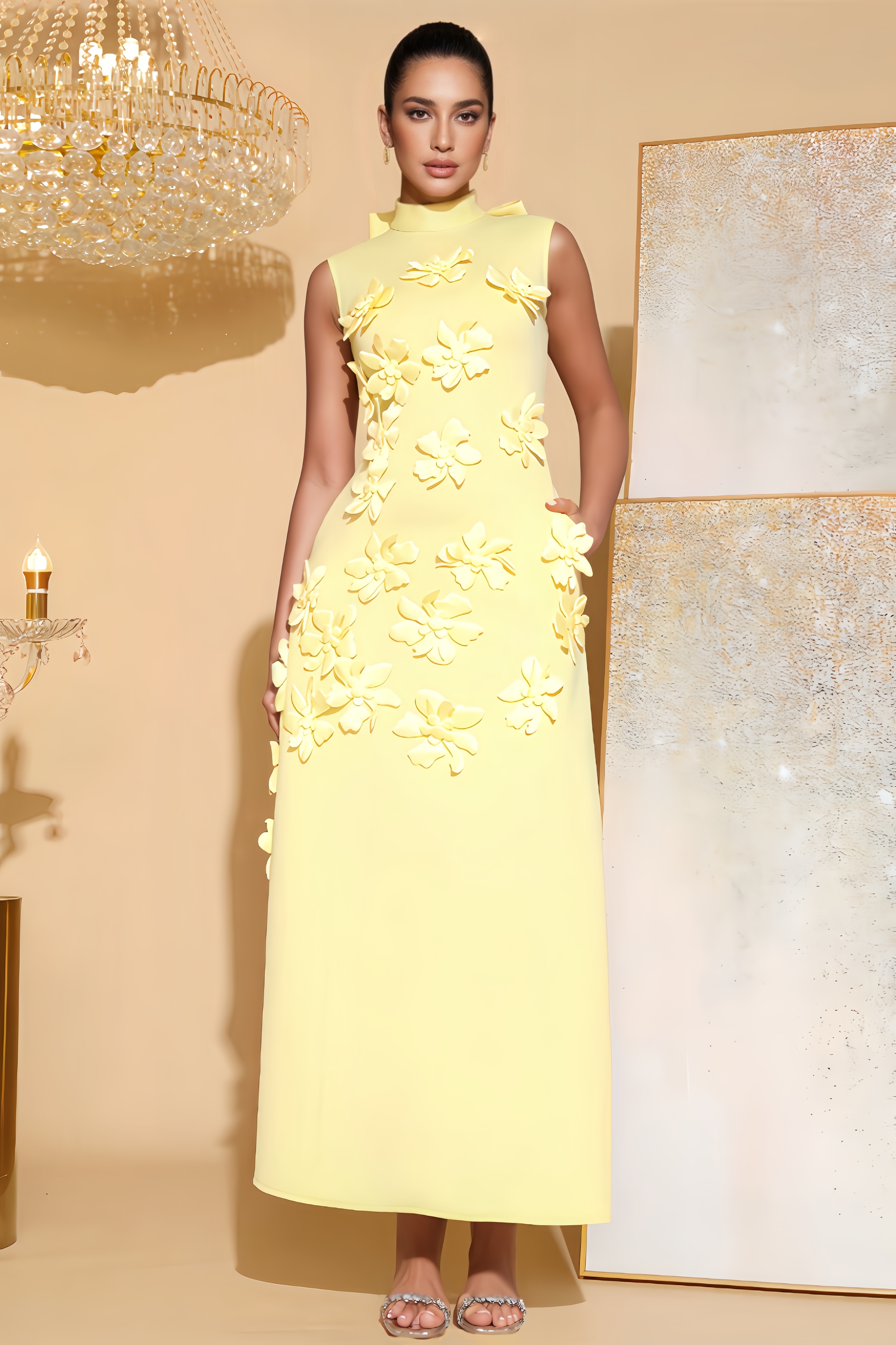 Liva Sleeveless 3D Floral Maxi Dress