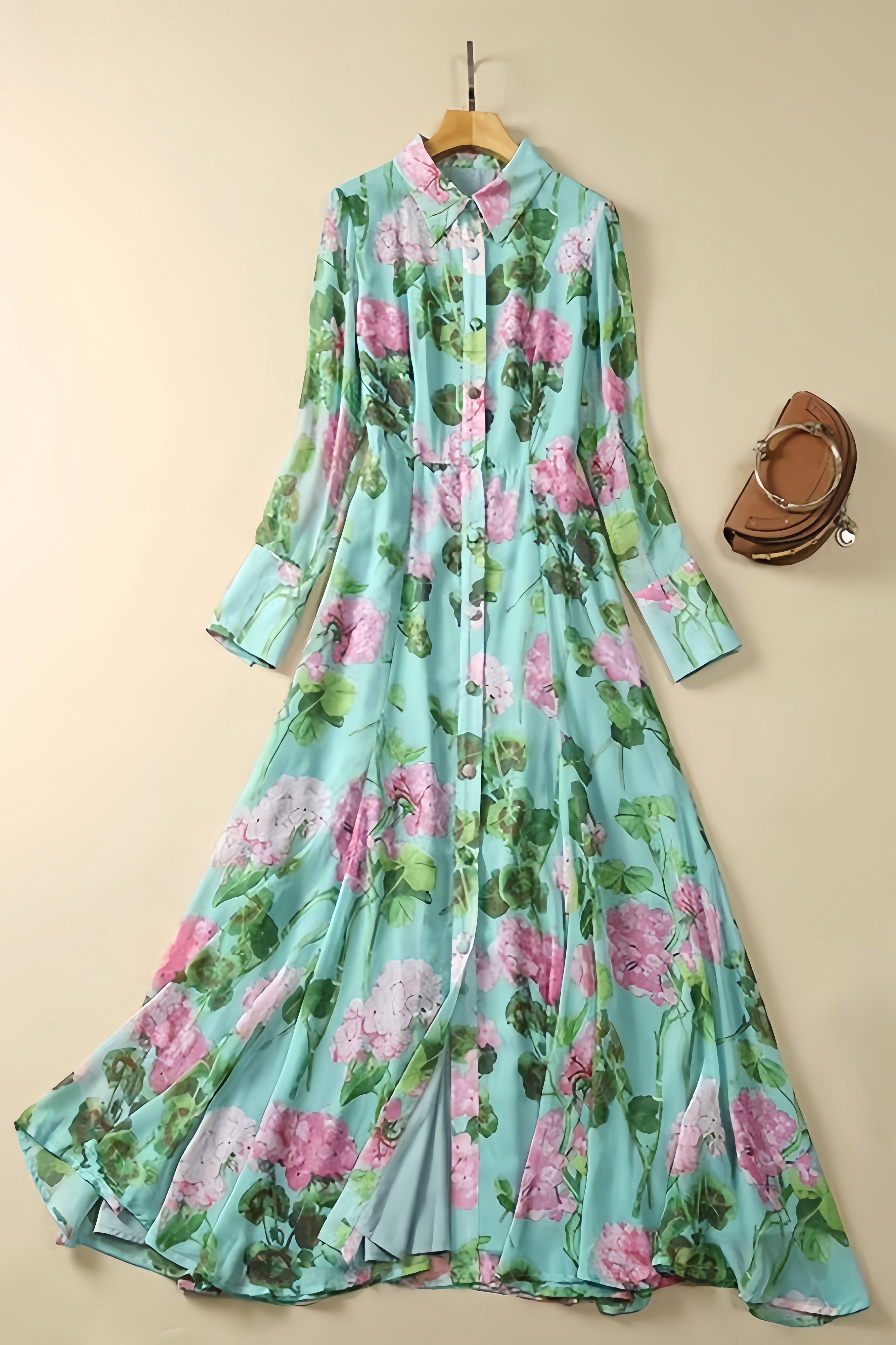 Vira Green Printed Single Breasted Maxi Dress