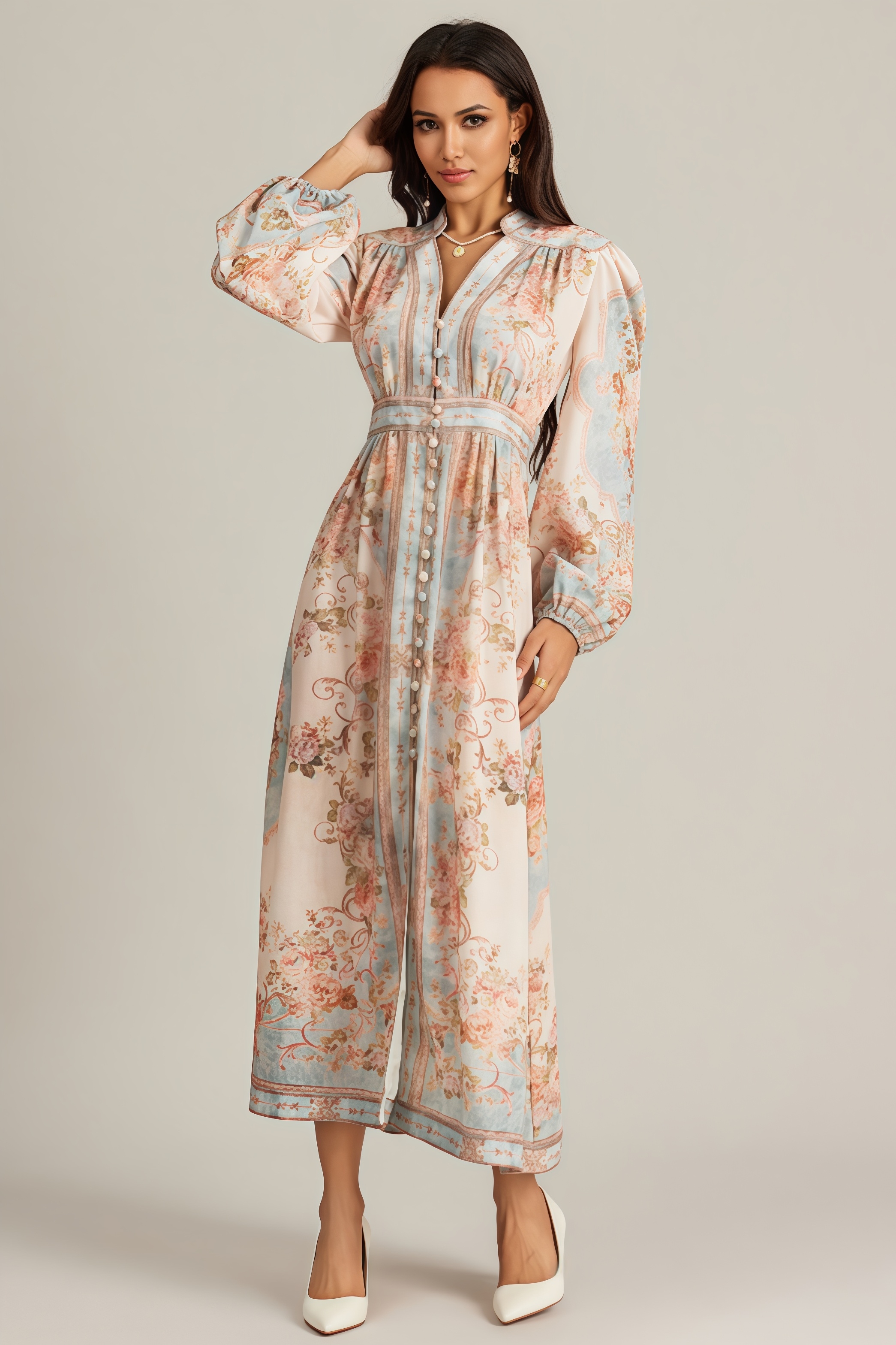 Quillon Blue Print Single Breasted Maxi Dress