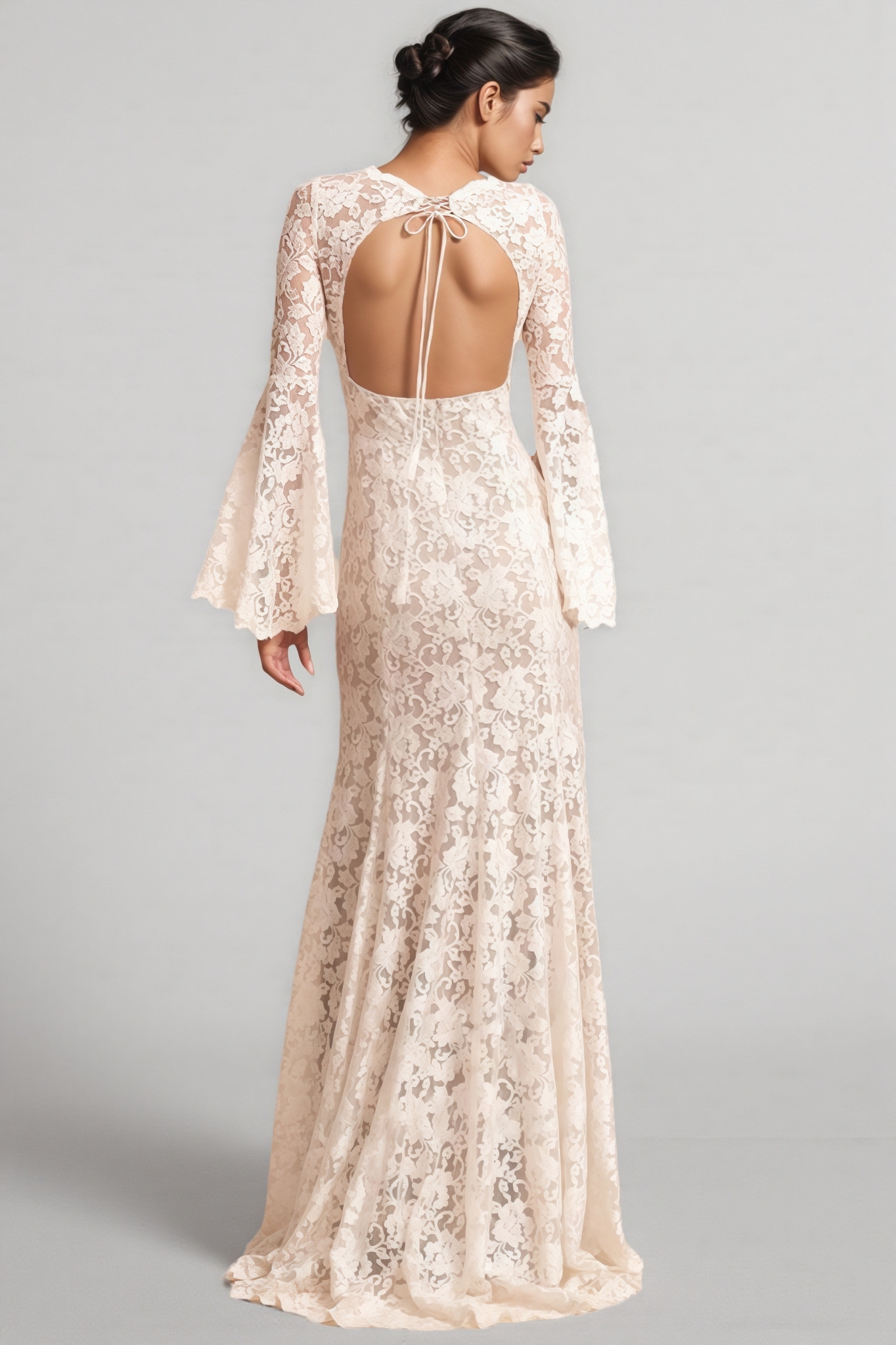 Zettad Flared Sleeve Backless Lace Maxi Dress