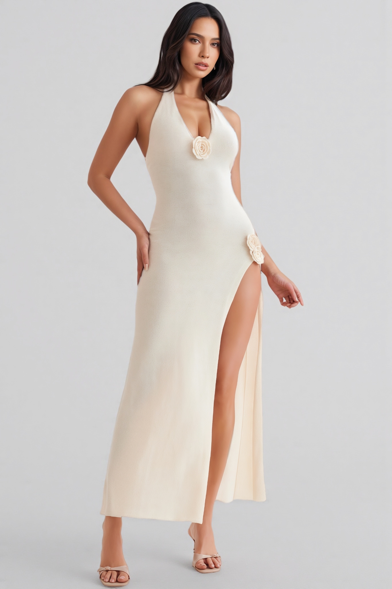 Odele Halter Floral Applique Knit Maxi Dress