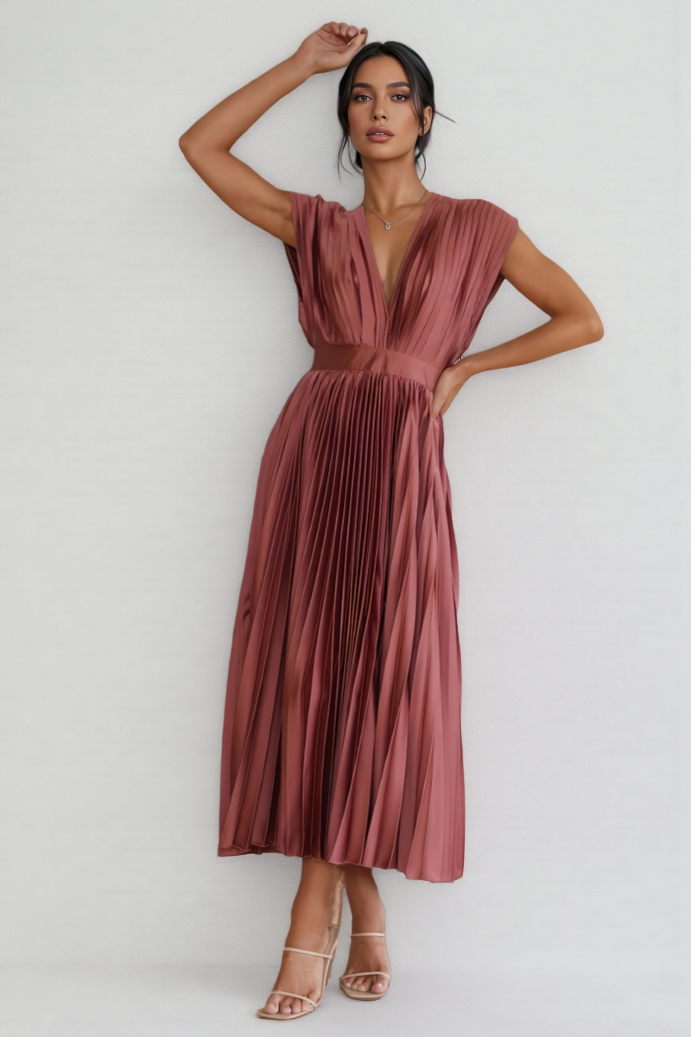 Hova Sleeveless Pleated Maxi Dress-Brick Red