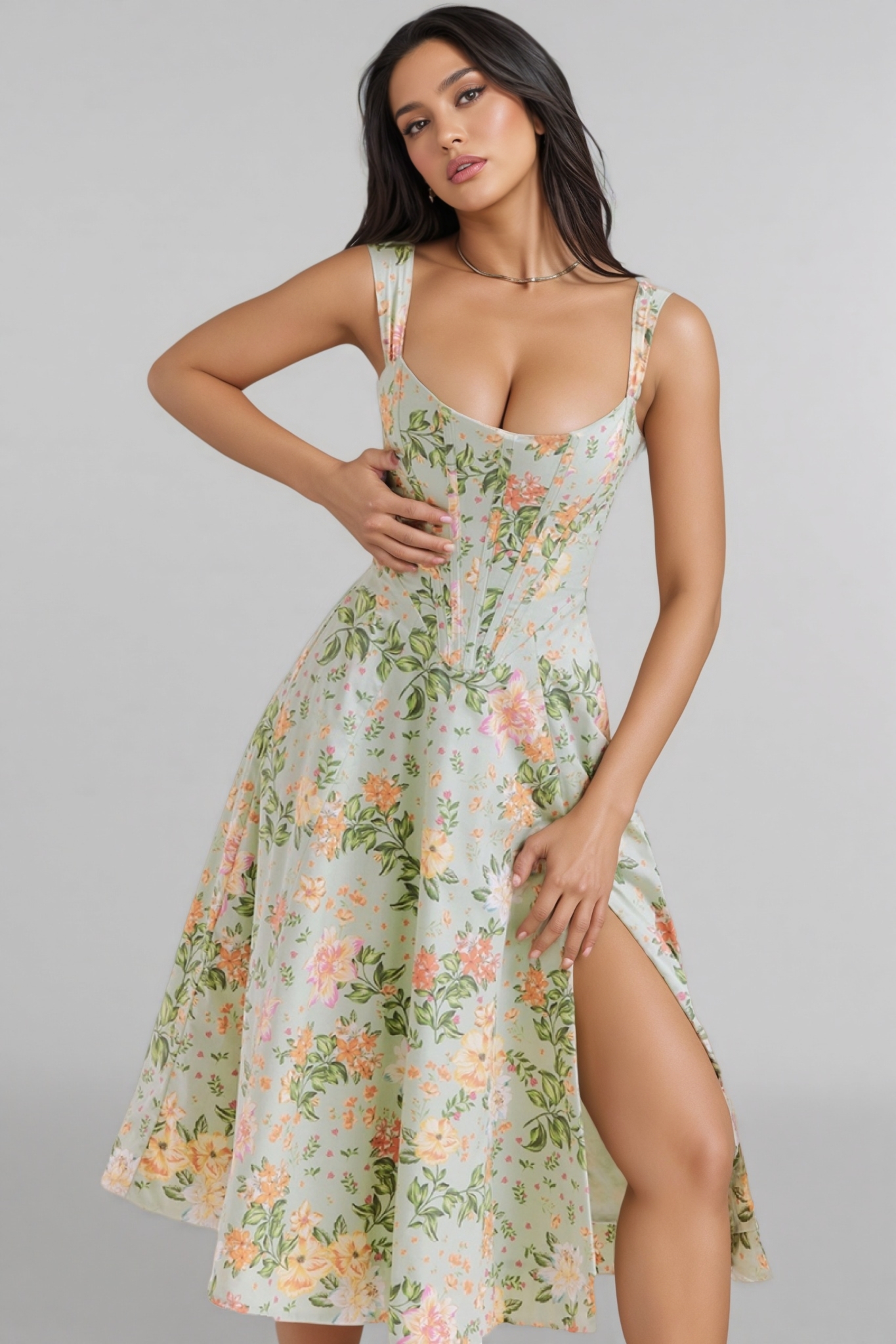 Nila Green Split Floral Midi Dress