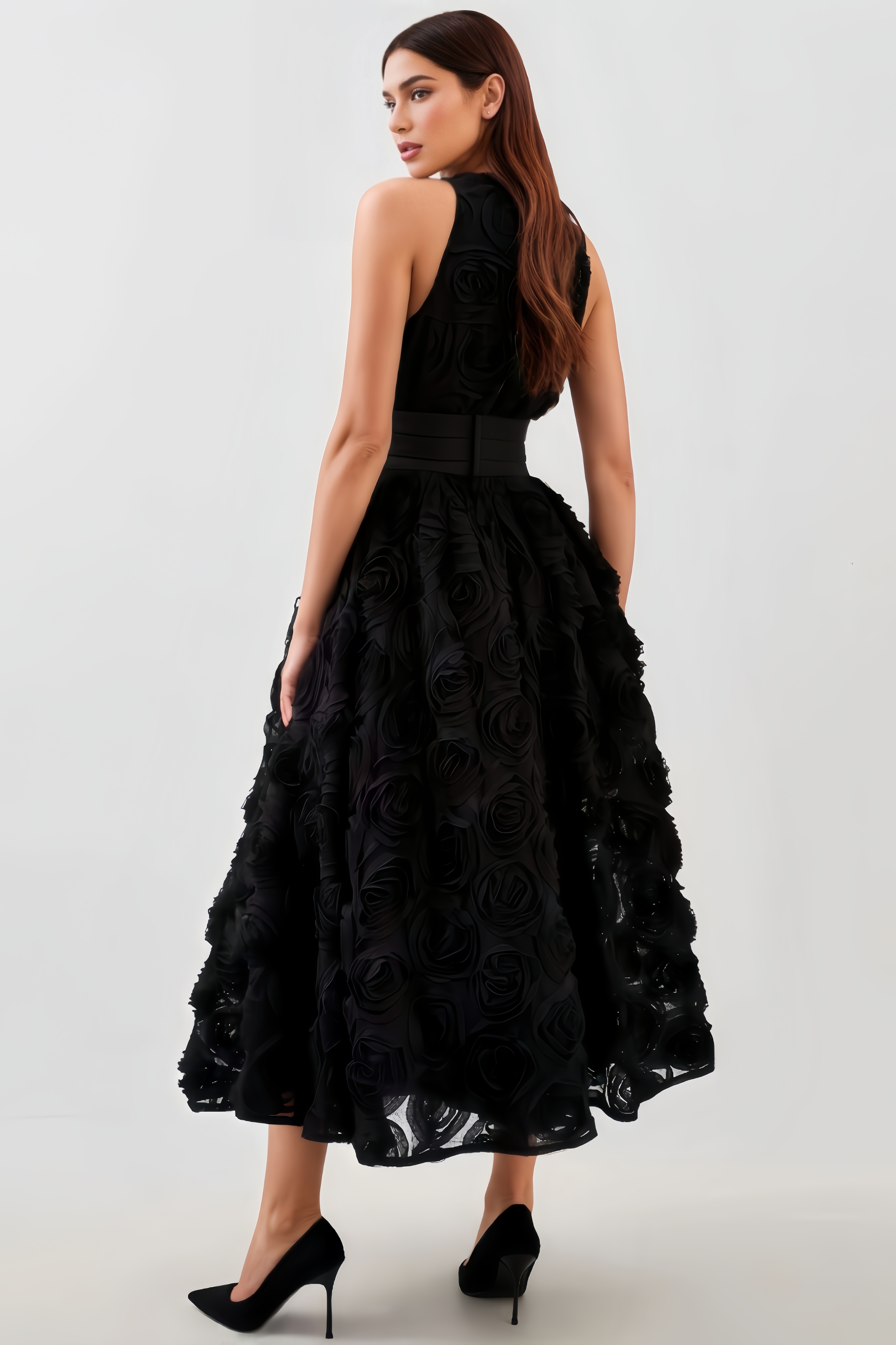 Mona Tulle-Satin Belted Woven Midi Dress