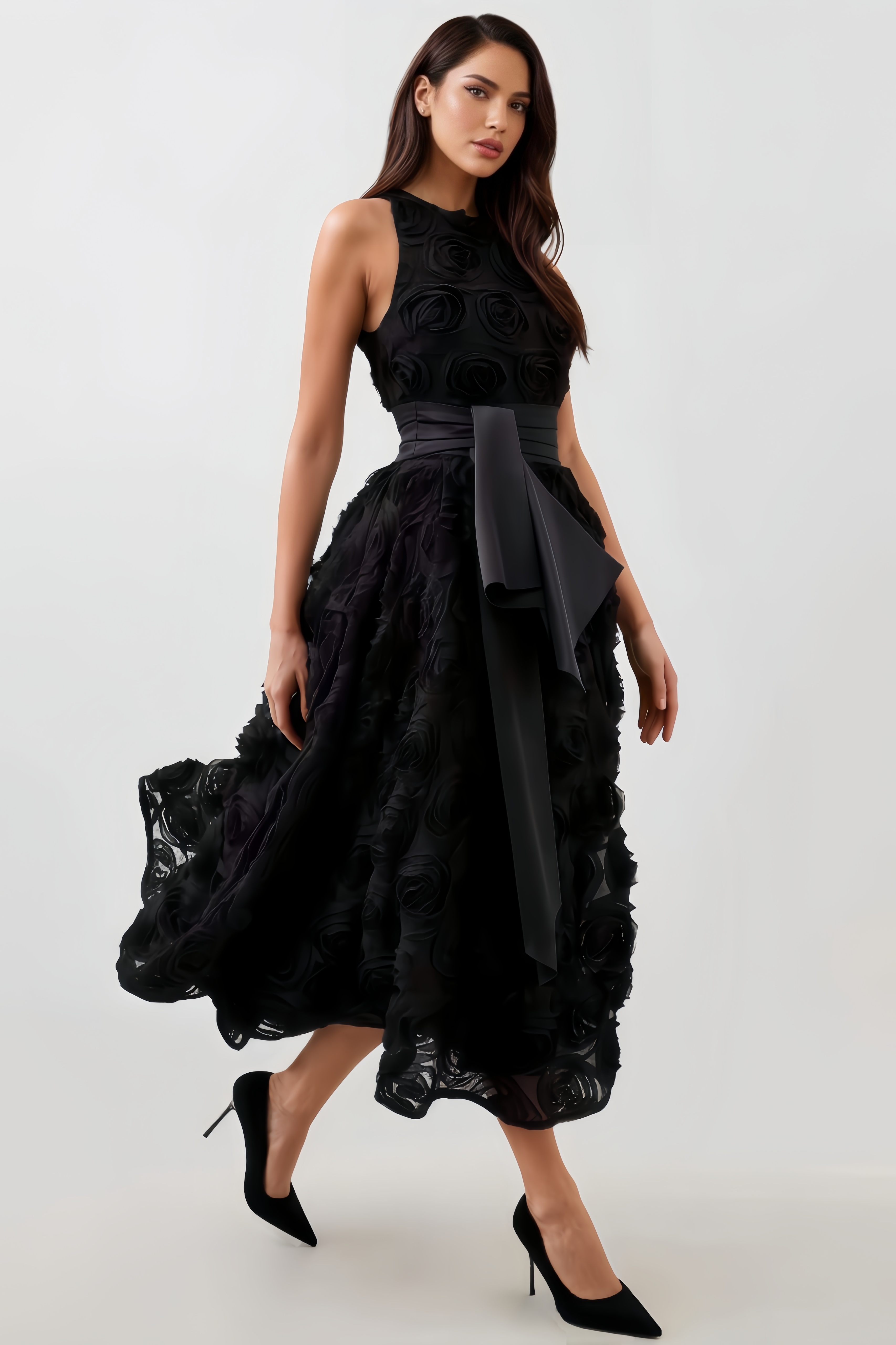 Mona Tulle-Satin Belted Woven Midi Dress
